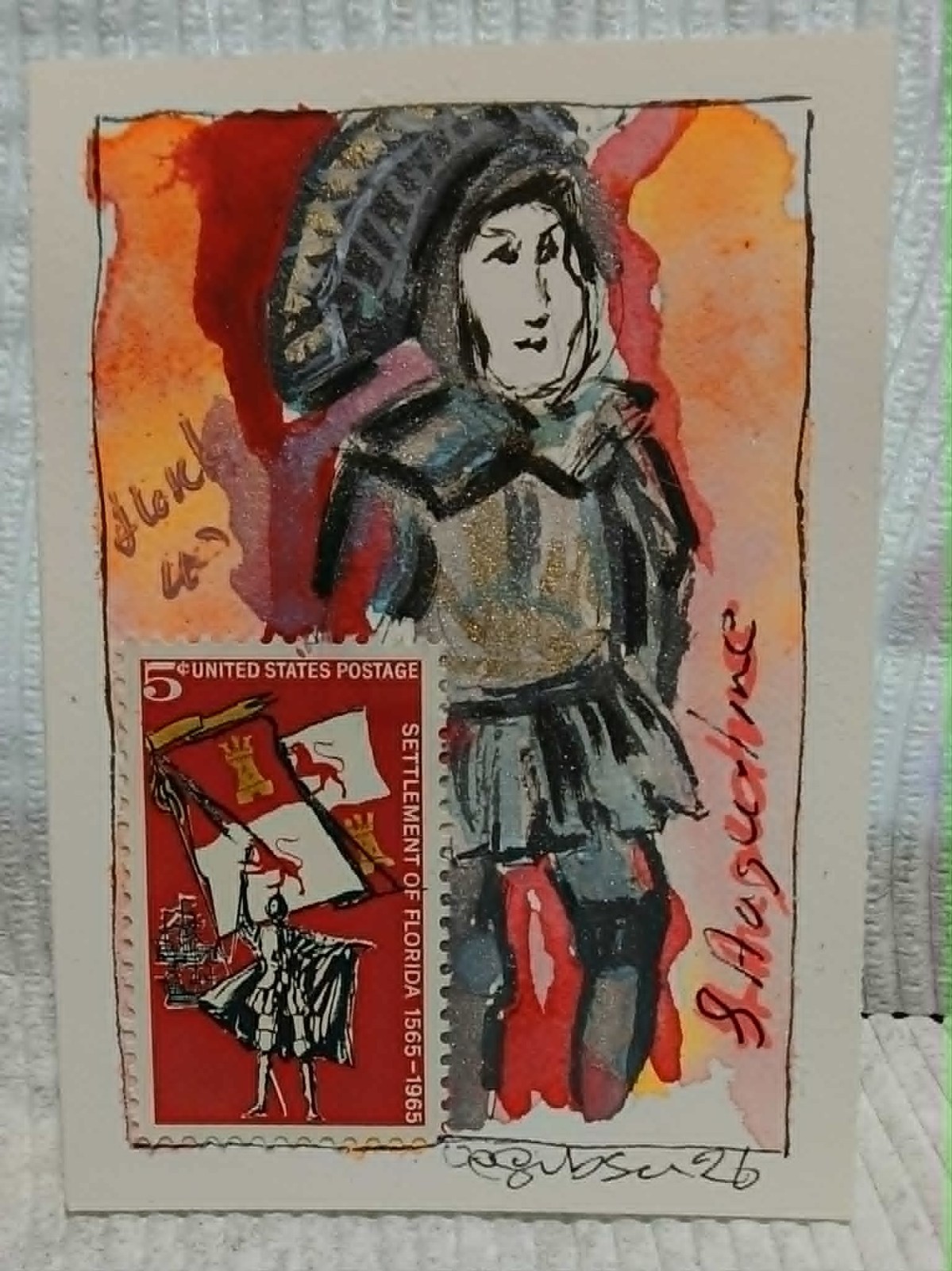 Postal Whimsy Florida 1565 — Abstract Conquistador ACEO OOAK Watercolor & Stamp