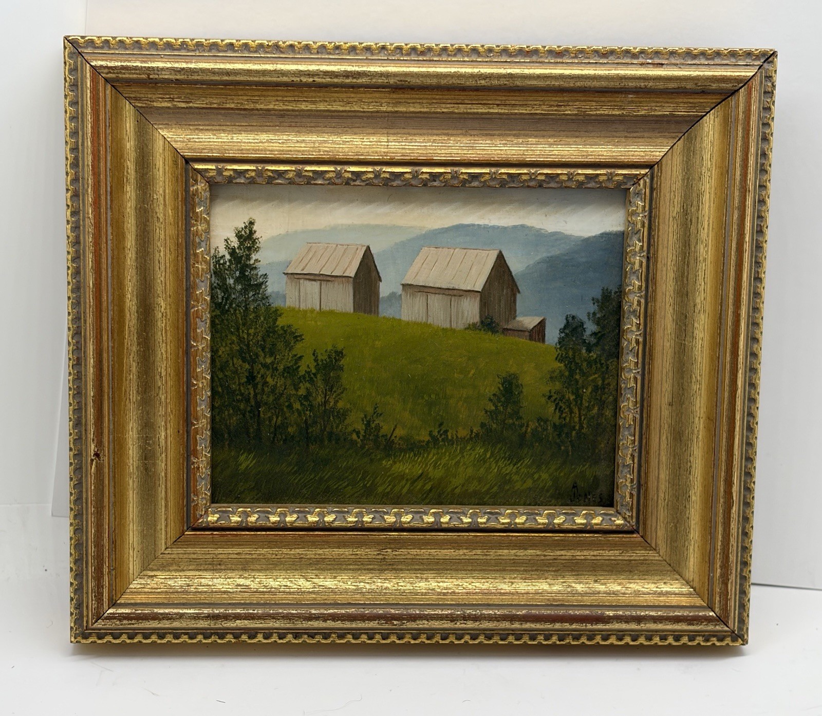 Small Arthur Jones Oil Painting On Board Dorset VT Barns Framed