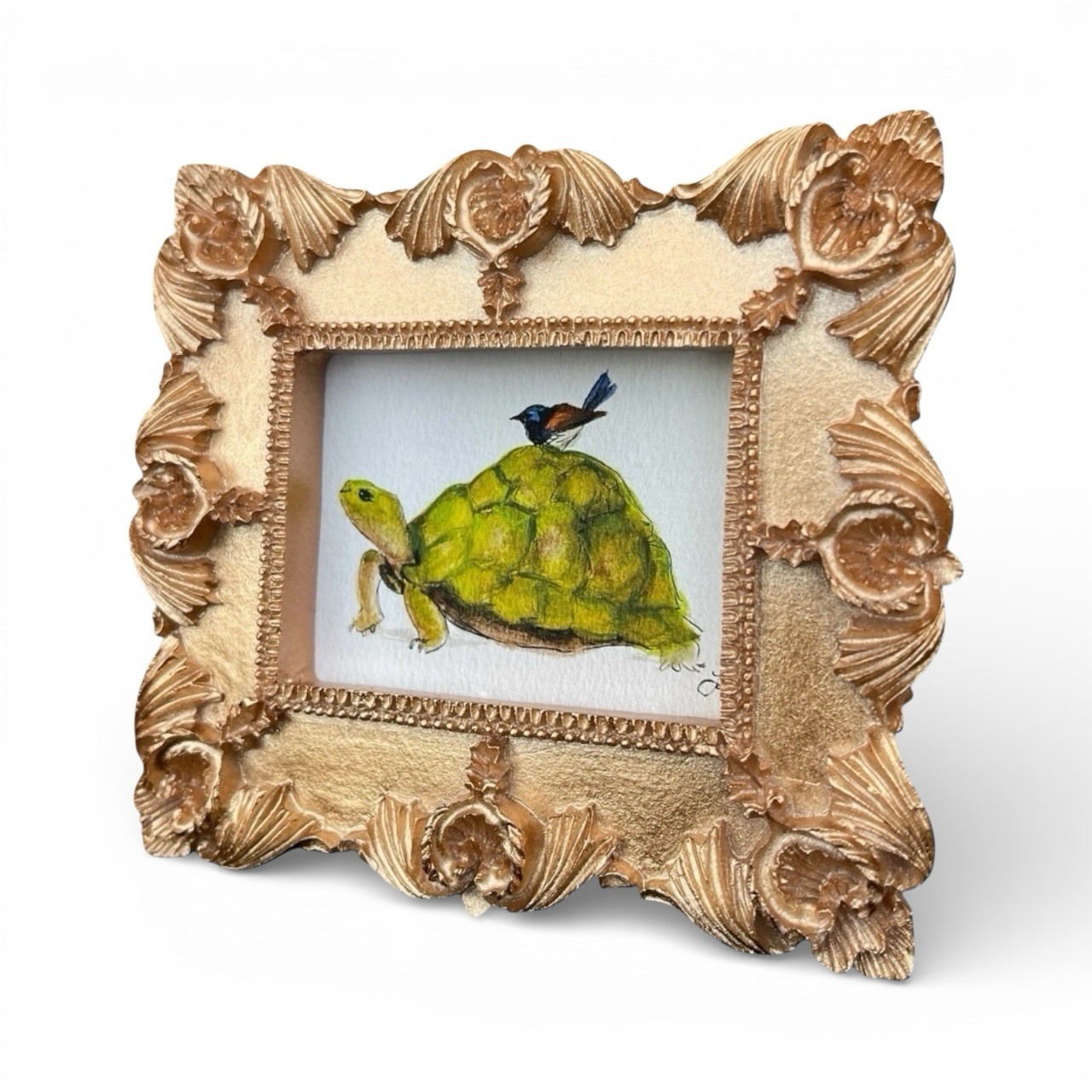 Turtle & Fairy Wren watercolor print of original painting in mini ornate frame
