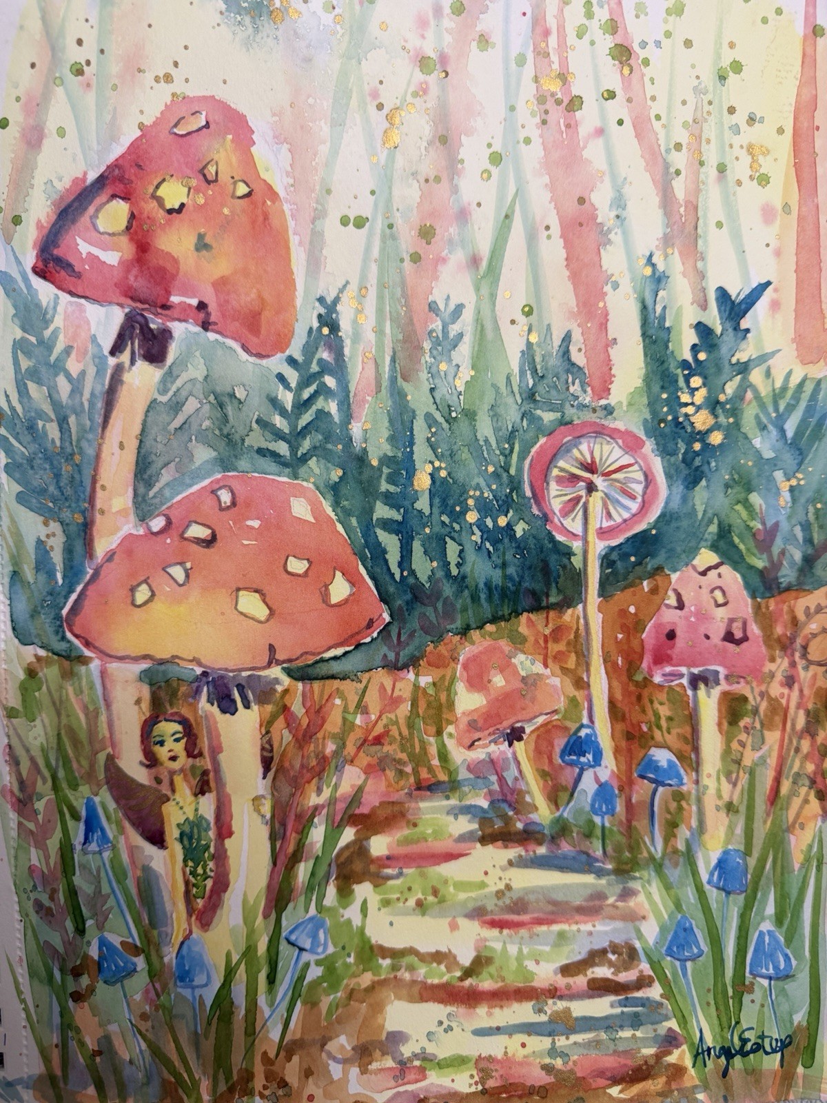 Original Watercolor Fairy Painting Mushrooms Forest Nature Art fae 12X9