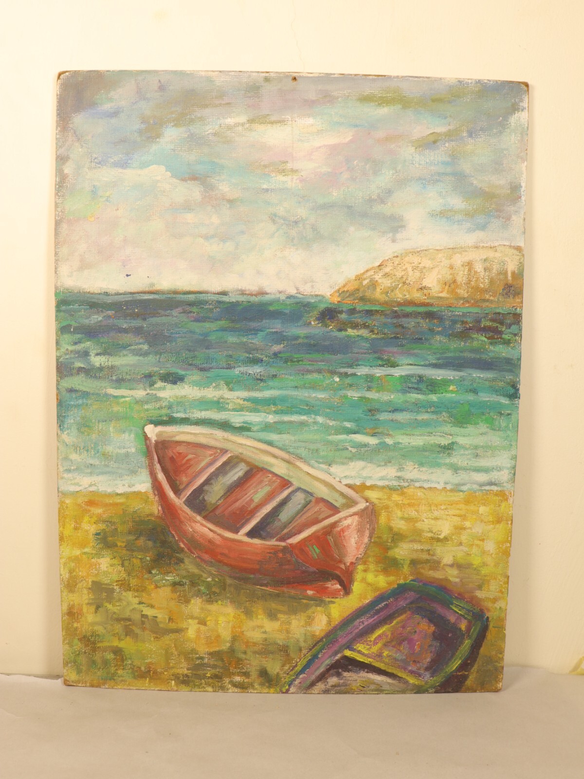 Seaside Tranquility Rare Oil Painting on Canvas Boats On Shore Coastal Landscape