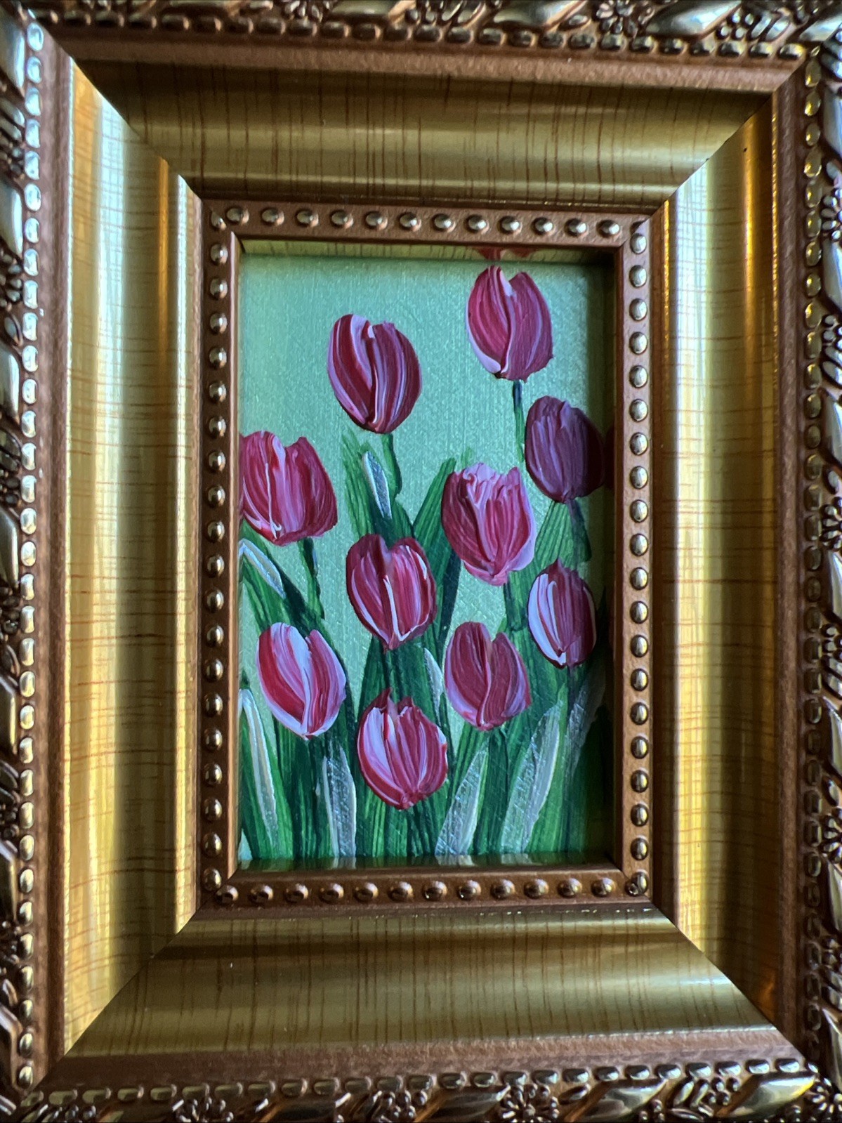 Red Tulips,flowers, original,miniature Painting,small,mini, Framed,wall Art #3