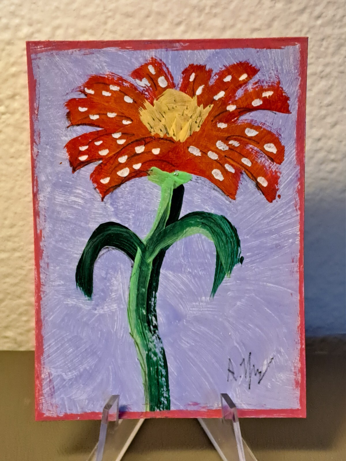 aceo original art acrylic Ink of «Red Flower+Poka Dots5» (OOAK) Limit 1/1 Signed