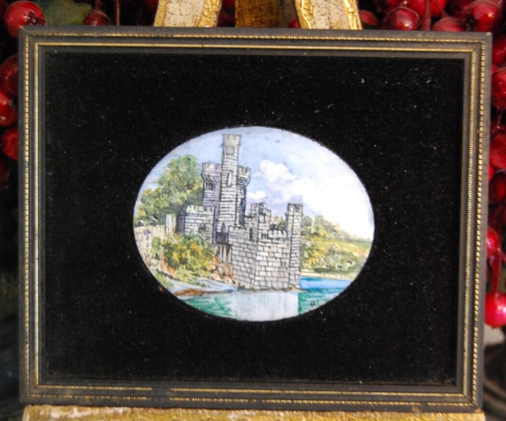 VTG FRAMED SIGNED BY RI ORIGINAL ENAMEL PAINTING ON METAL PLAQUE CASTLE SCENE #1