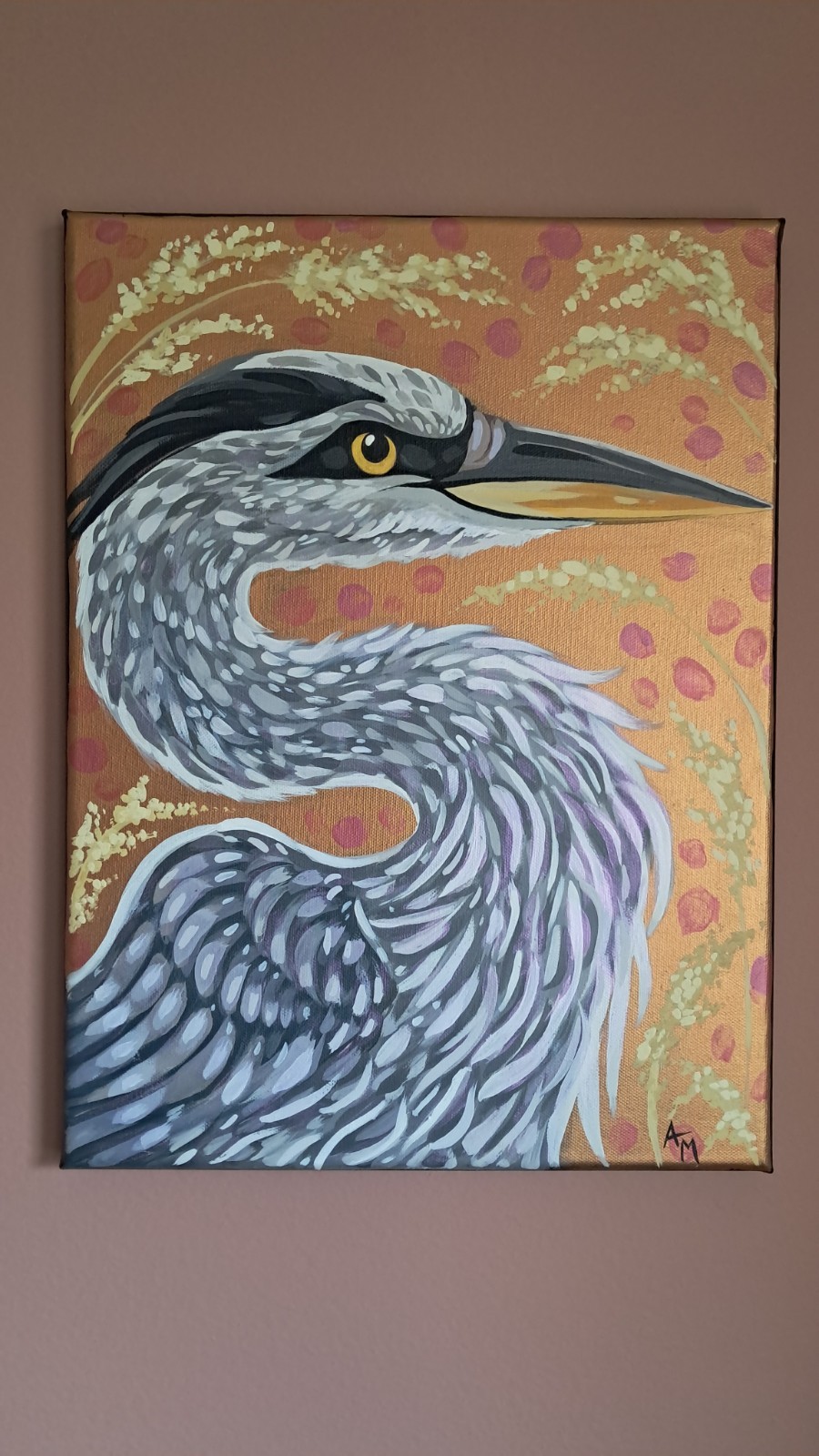 Metallic Shimmering Heron – 12” x 16” Canvas Original Acrylic Painting Metallic