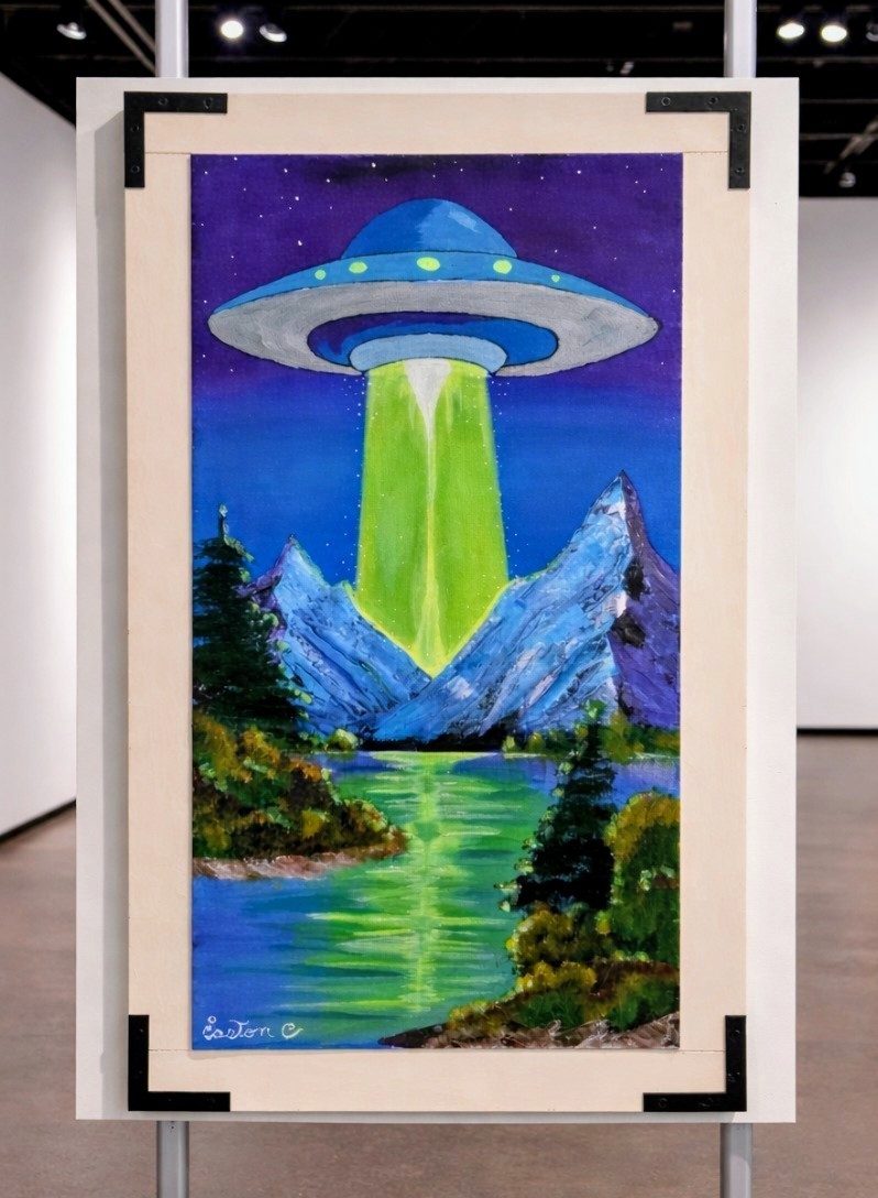 Original SciFi UFO Painting Acrylic Canvas Alien Wall Art 12×24