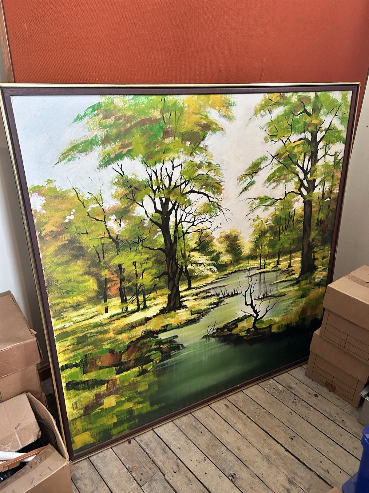 Large Framed Oil Painting Landscape with Trees and River on Canvas