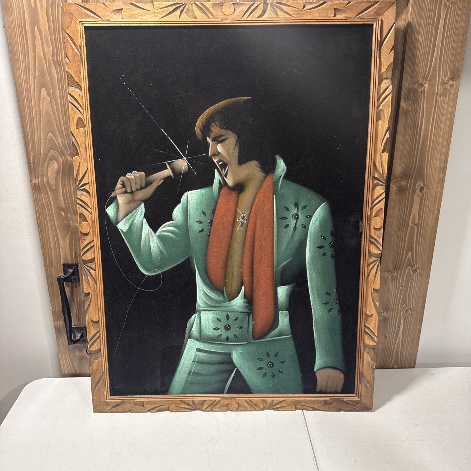 Elvis Presley The King Black Velvet Painting Handpainted Wood Frame VTG 28×38