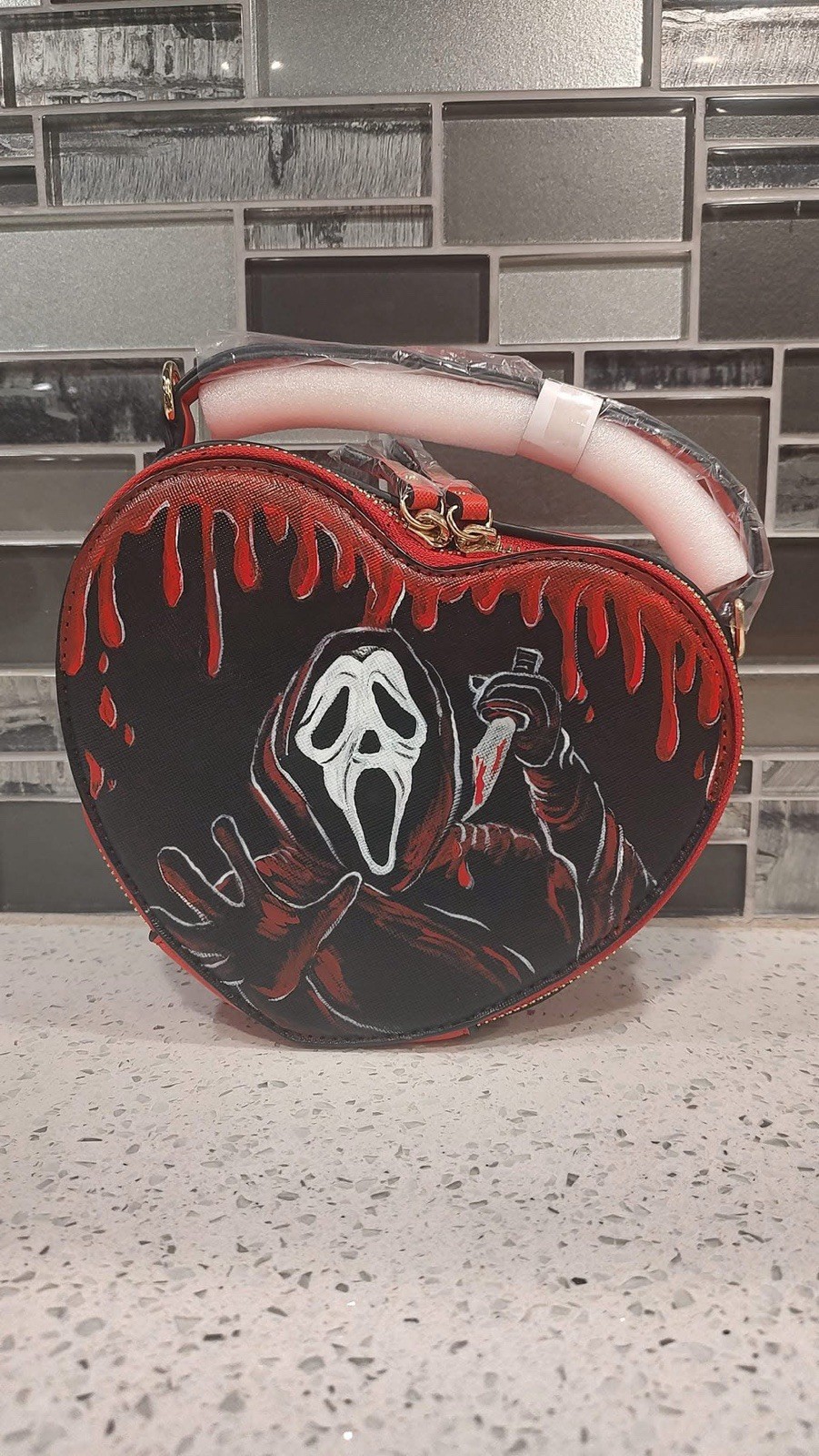 Halloween Hand Painted Ghostface Red Heart Vegan PU Leather Crossbody Purse