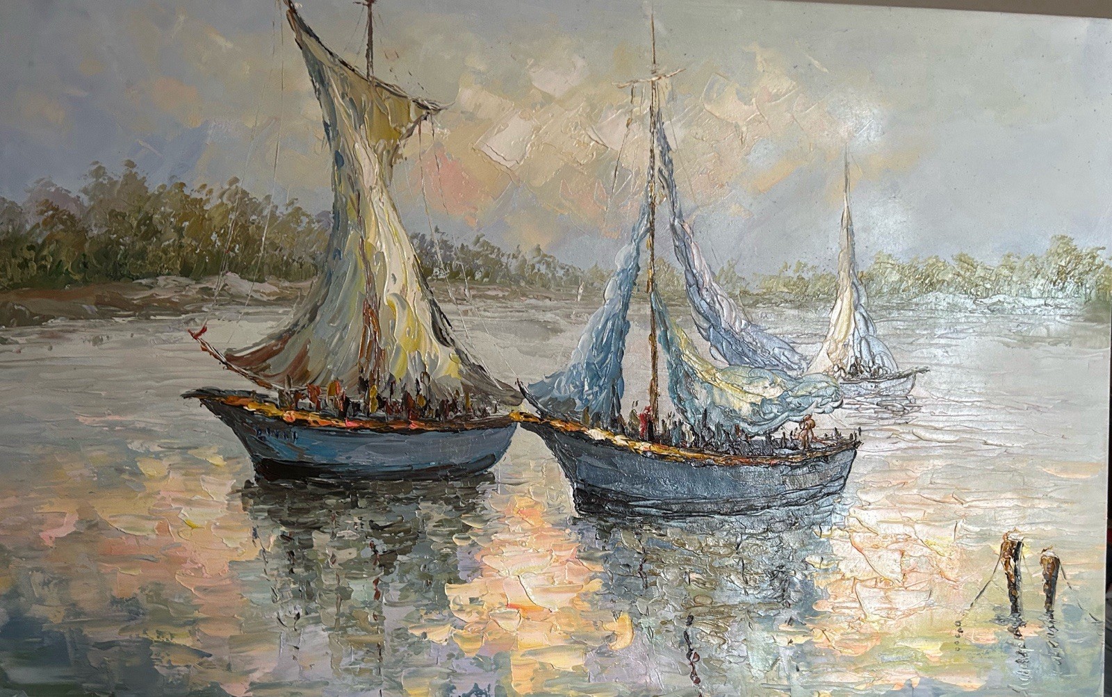 Three Sailing Ships With Vintage Dress Style Passengers Oil On Canvas 22×34 Inch