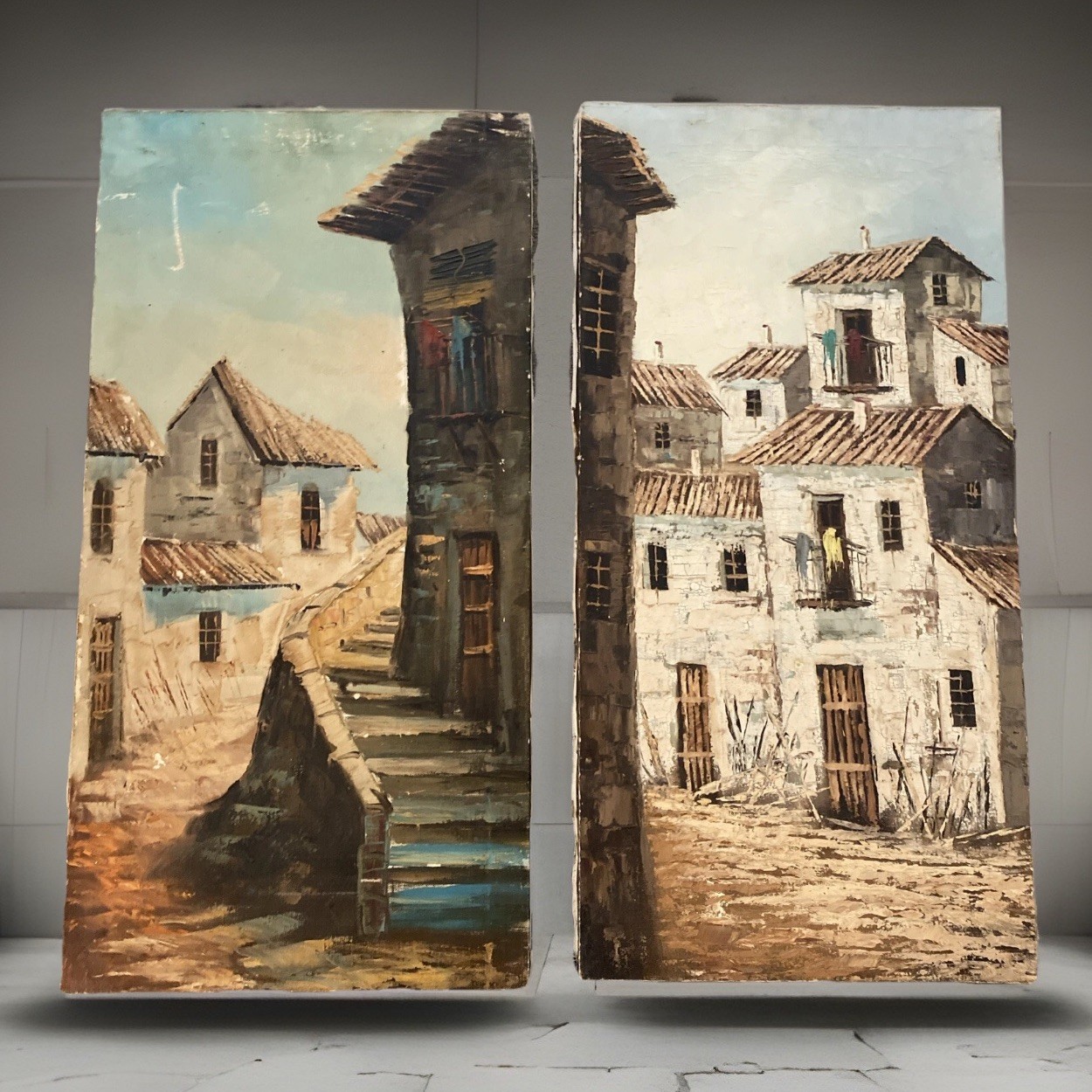 Vntg Oil Painting Madrid Spain Village Street Scene 30”x 15” Set Of 2 Free Ship!