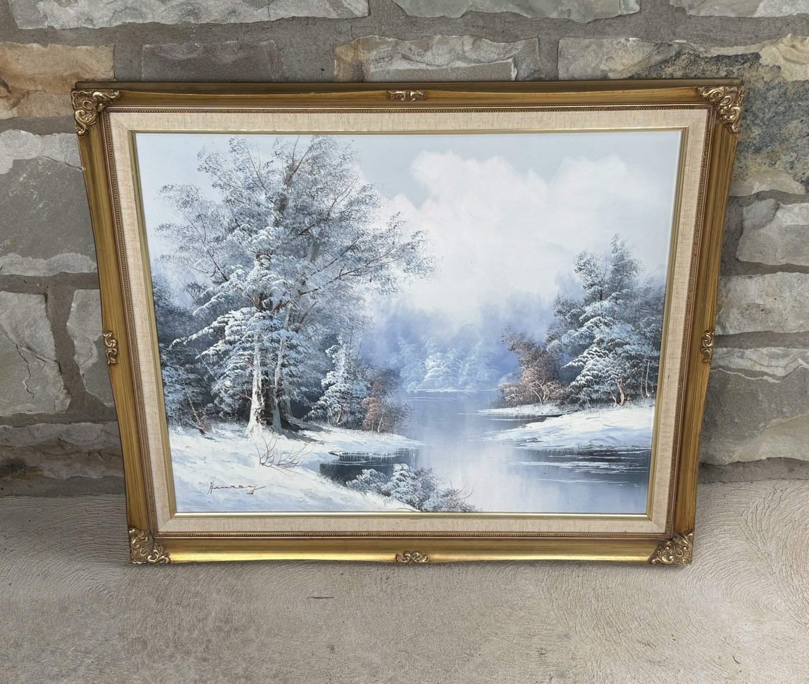 VTG Hanrey Landscape Oil Painting Snowy Stream Framed Gold Gilt Carved LG Signed