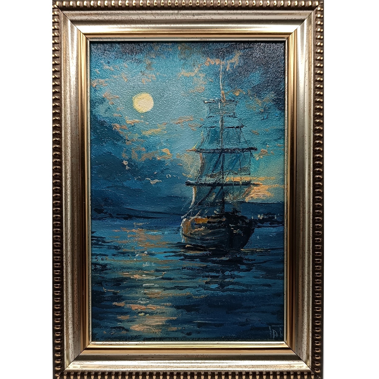 Original Night Seascape Oil Painting Sailboat Framed Miniature Moon Art 6×4