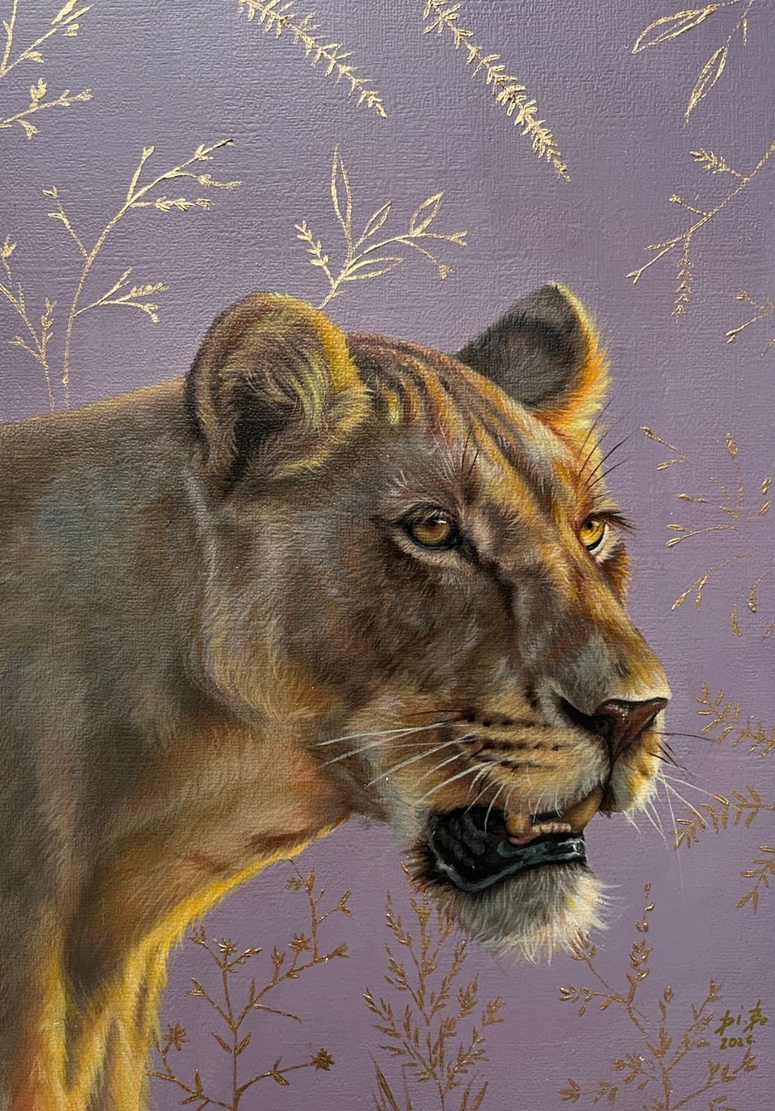 Original oil painting lioness , flowers 20,5 * 29,5 cm , OOAK , Hand painting