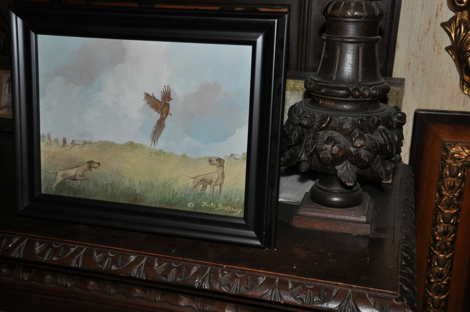 Beautiful Pheasant with Hunting Dogs Painting by Listed Artist