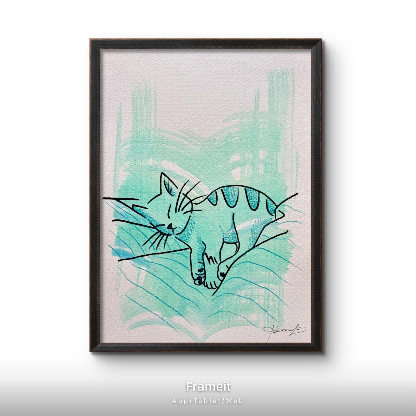 Original Teal Cat Snuggle Painting By Alannah Dyer Acrylic 9×12 in. Trendy Pet