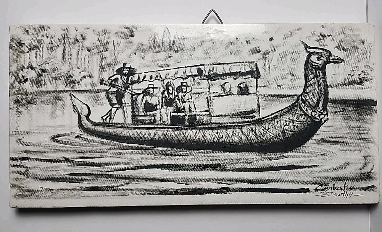 Original Cambodian Painting Phenom Phen Signed By Local Artist Canvas Wood Block