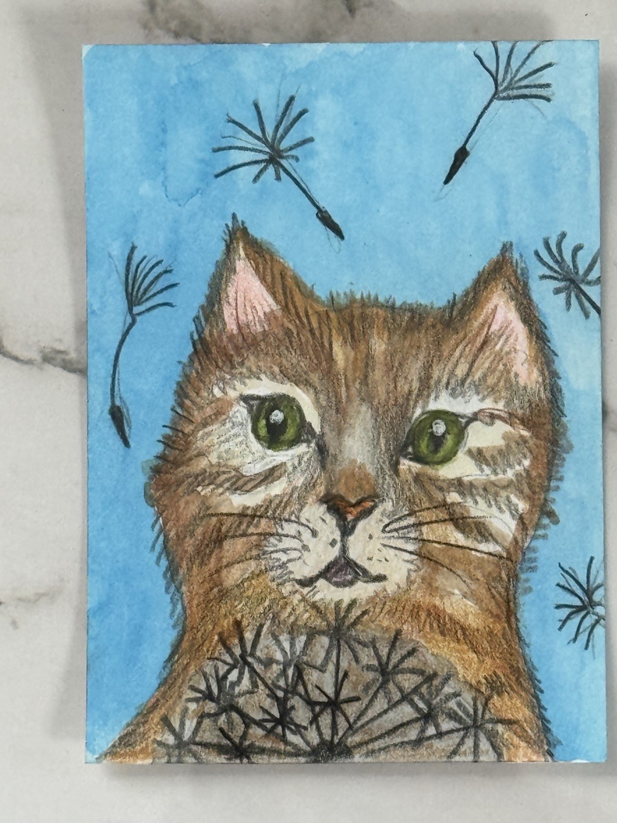 Aceo Original Art Trading Card, sweet cat with dandelion , Art By Sommer Rayn
