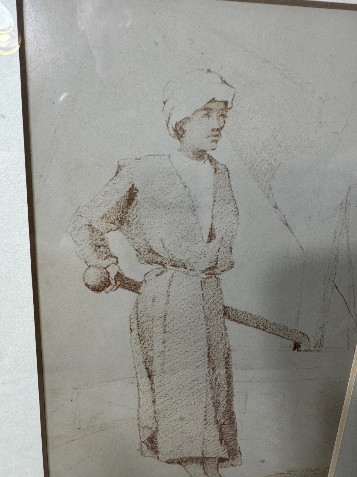 Vintage Figure Study Drawing Signed Achmet Framed Behind Glass Sepia Sketch