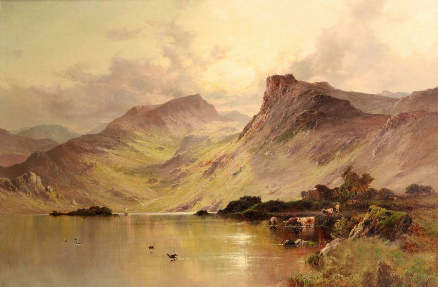 Oil painting In a Highland Valley loch with cattle with Waterfowl on the lake