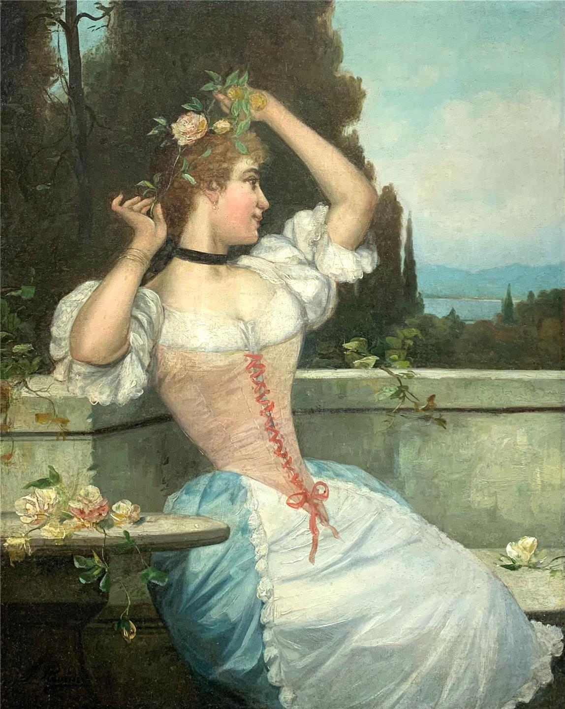 Victorian Mystery -Young Woman on Garden Patio with Corset Dress -c 1890s
