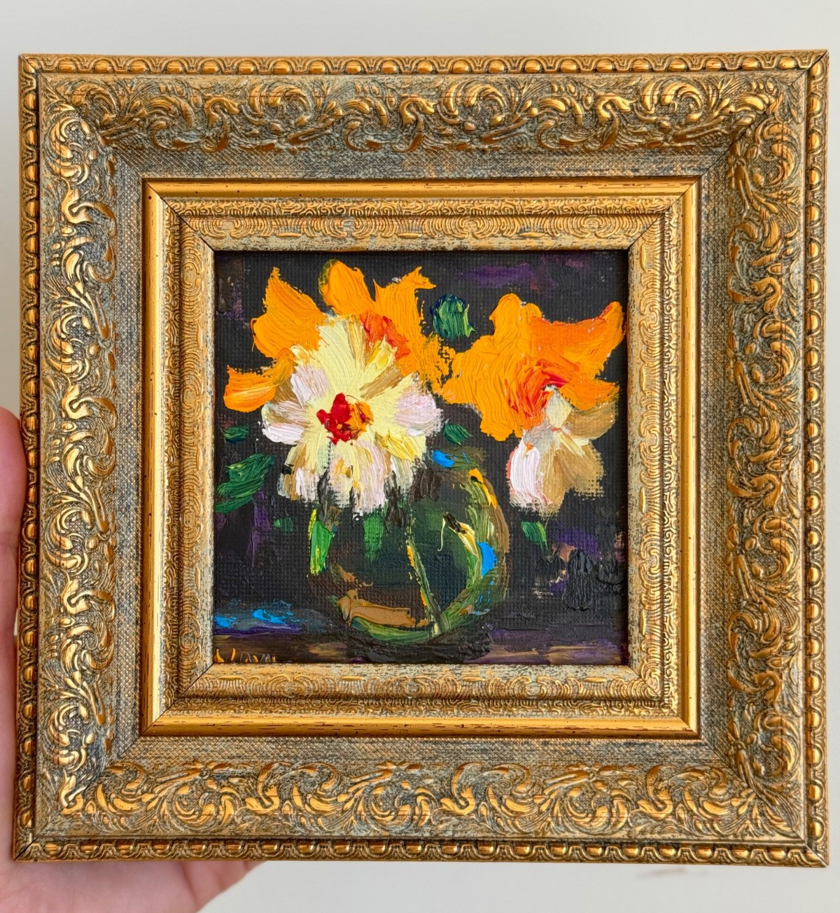 Framed Flowers Oil Painting Original Canvas floral Vintage wall art decor signed