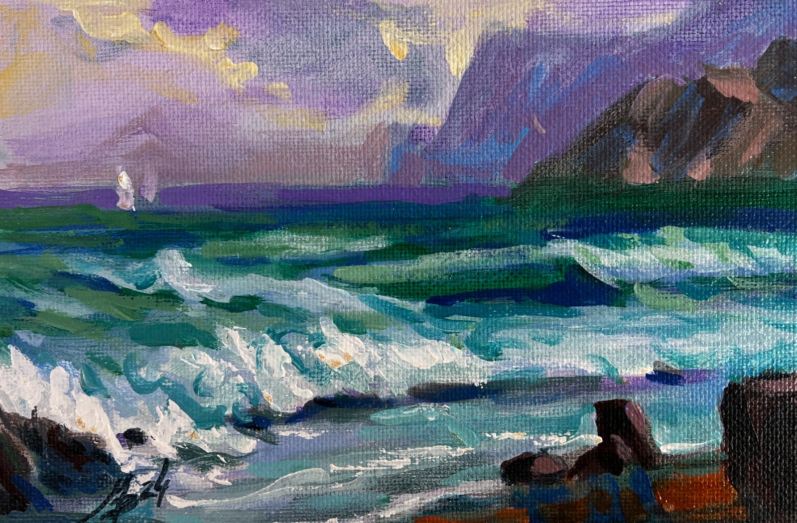 Acrylic Painting Evening Breeze Over The Sea M. Patskan Original nAAA4824