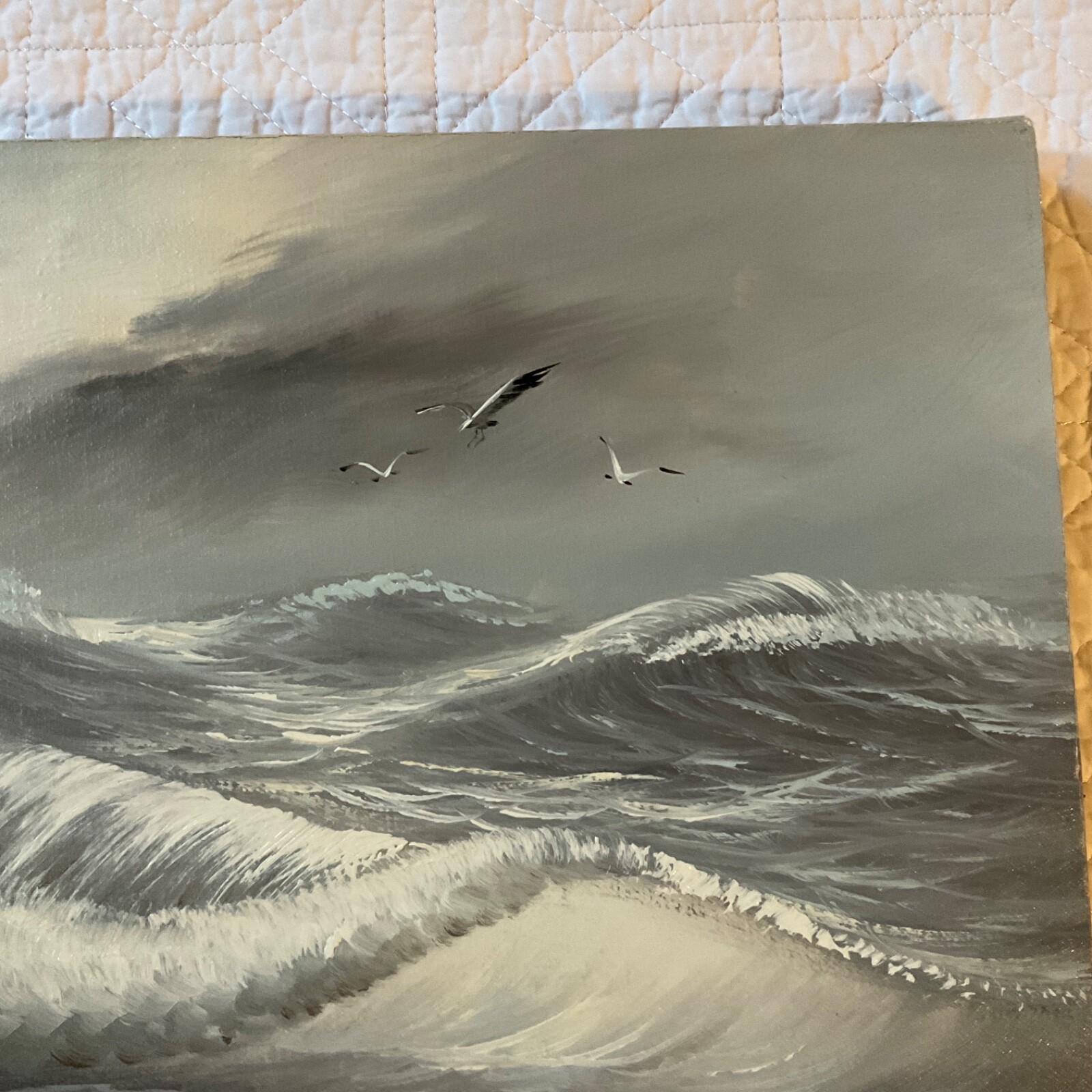 Vintage gray seascape ocean hand painted original PAINTING by Ellessen waves