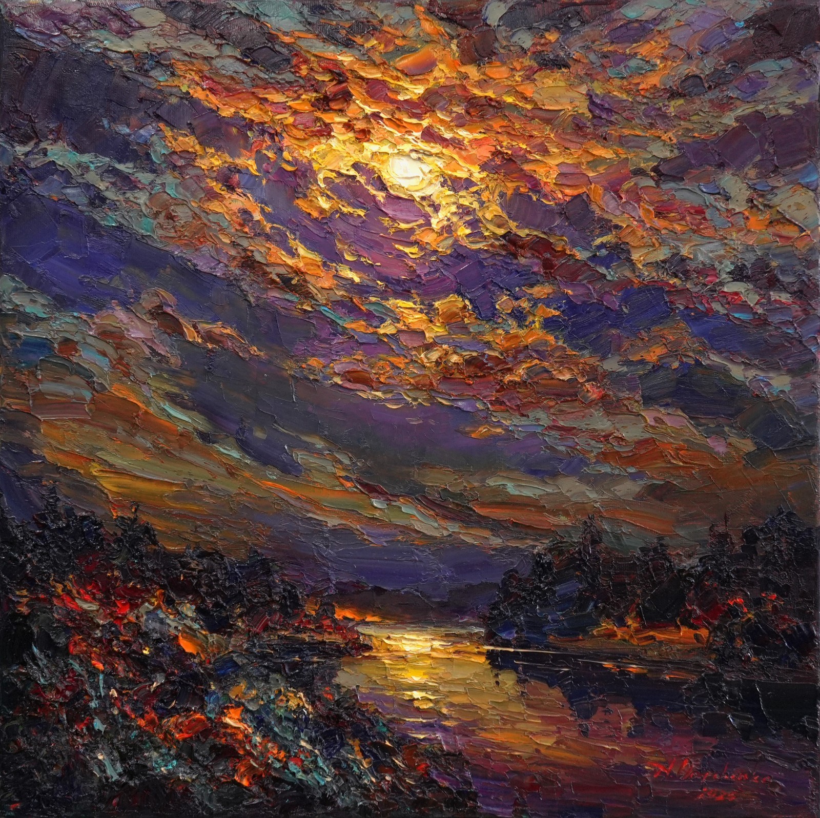 Original Oil Painting Moonlight Landscape Palette Knife Night by A Onipchenko