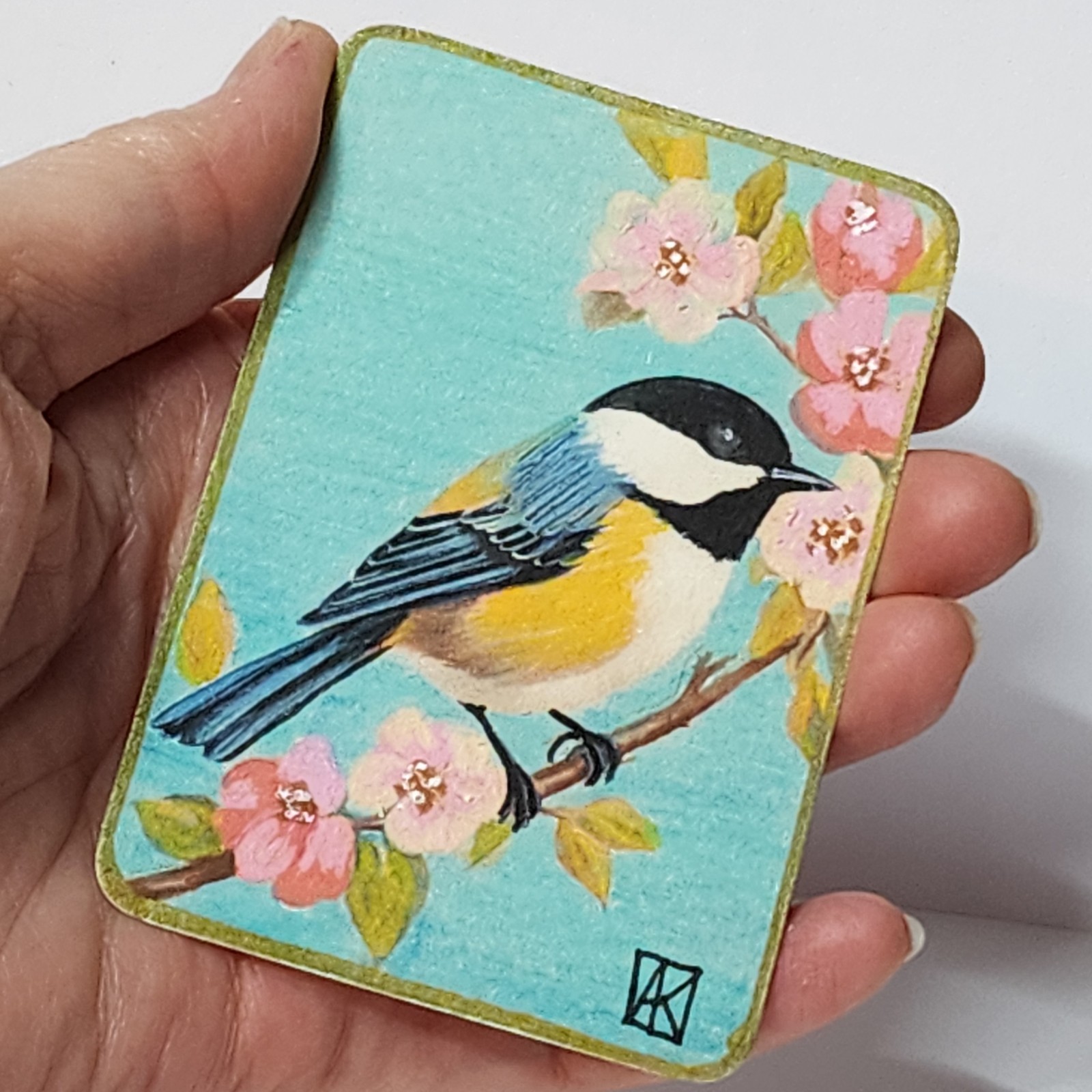 ACEO Original Painting Yellow TitBird Flowers Spring 2.5×3.5 in AMBER K