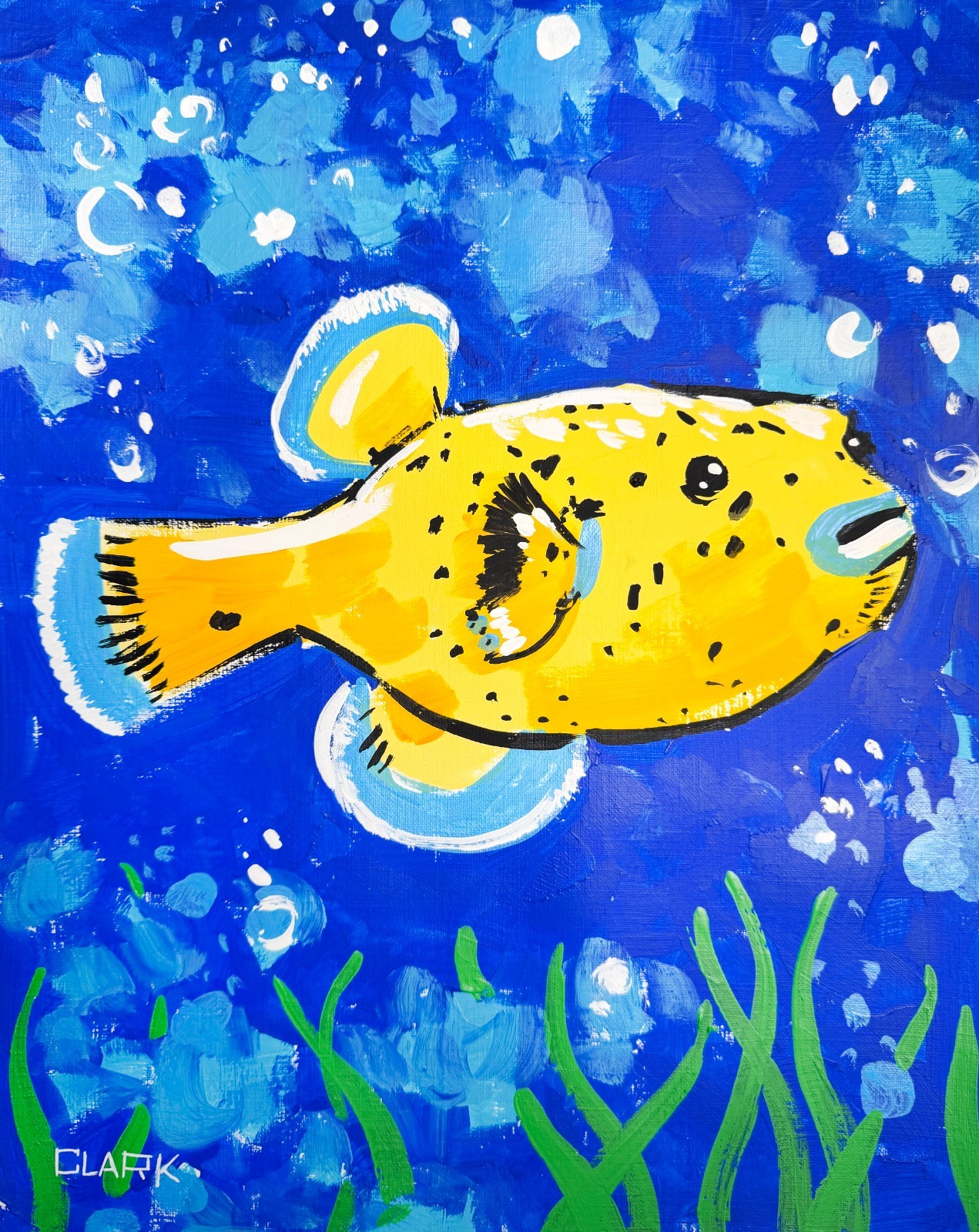 Vibrant Yellow Puffer Fish Pop Art Acrylic Painting – 11×14″ Mixed Media Paper