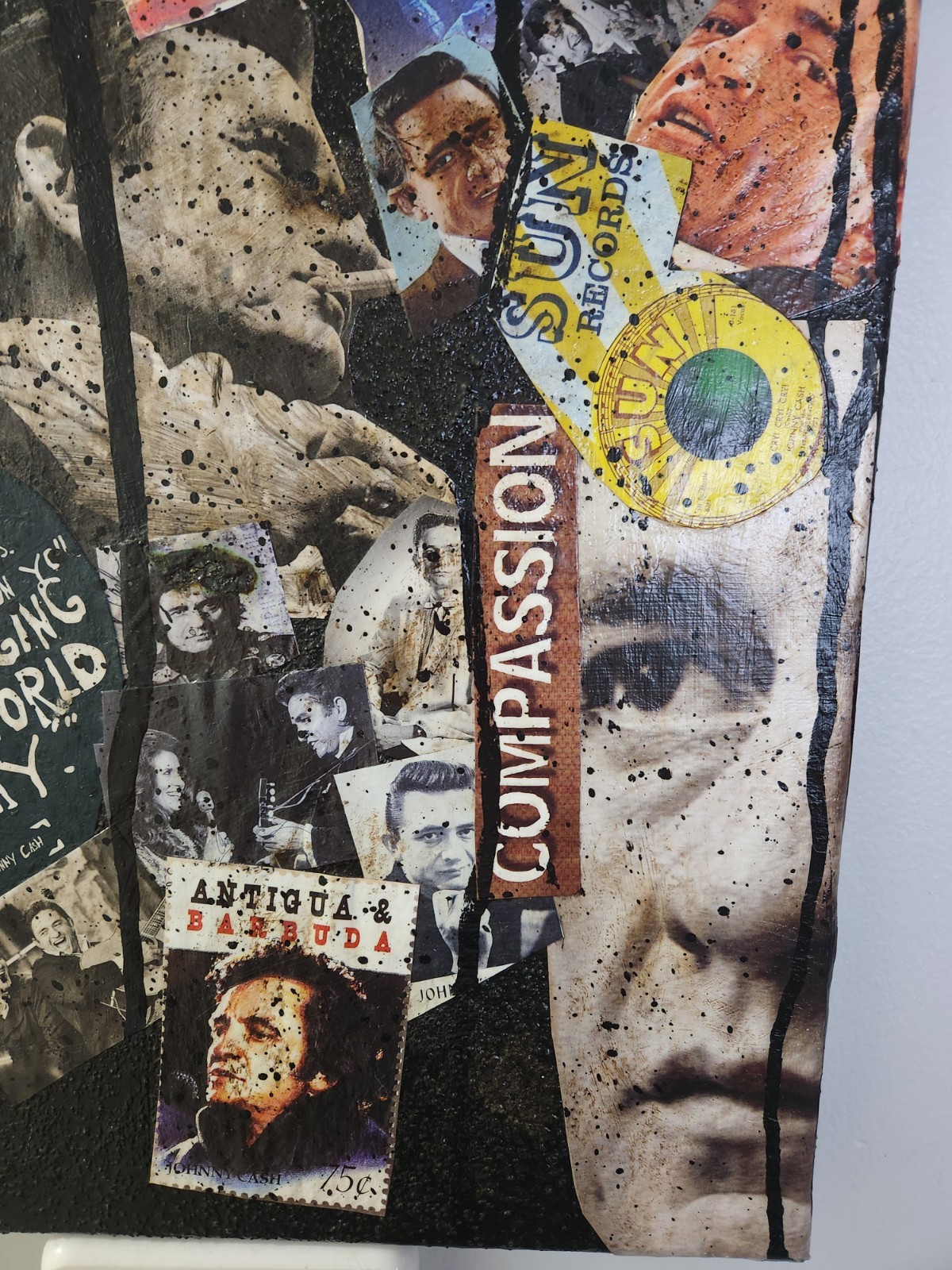 Large Johnny Cash Acrylic Paintin Collage Art. Heavily Textured & Burned! 16X20