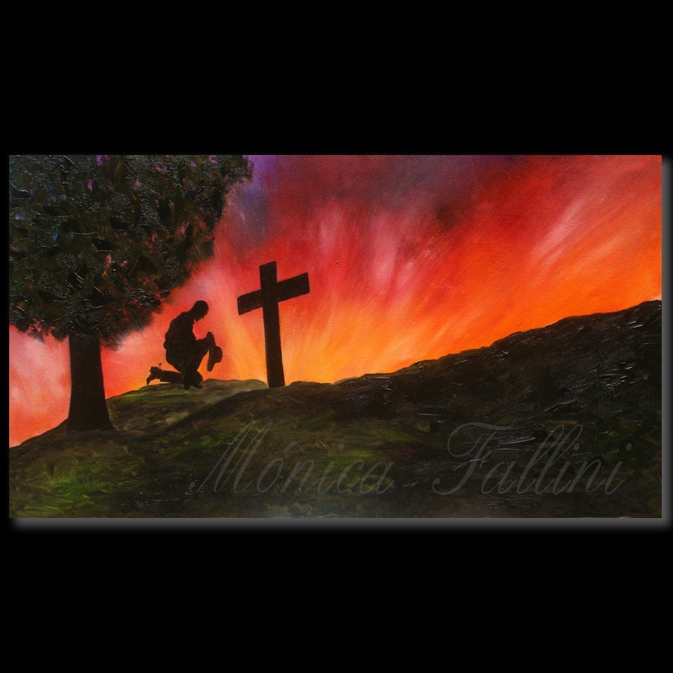 Cowboy praying at the Cross original painting on canvas by artist Fallini