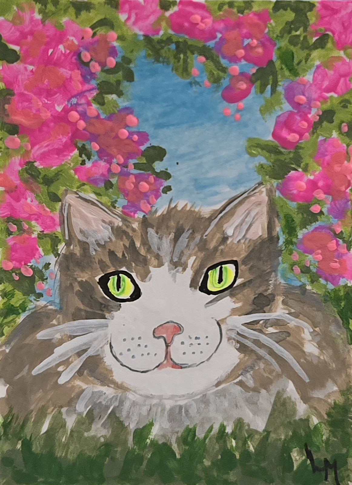 ACEO Original Art Painting Cat In Pink Spring Blossoms Garden Flowers OOAK ATC