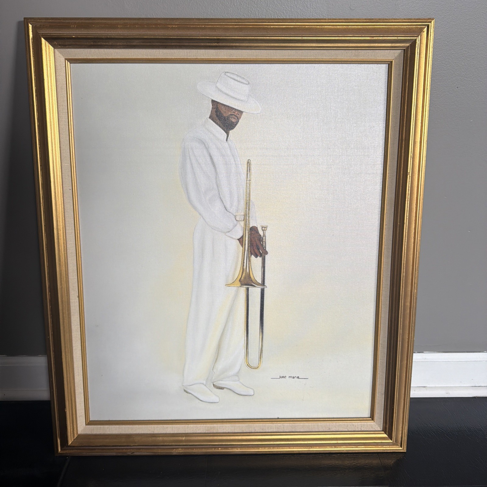 June Marie Lithograph On Canvas African American Jazz Man In White Trombone