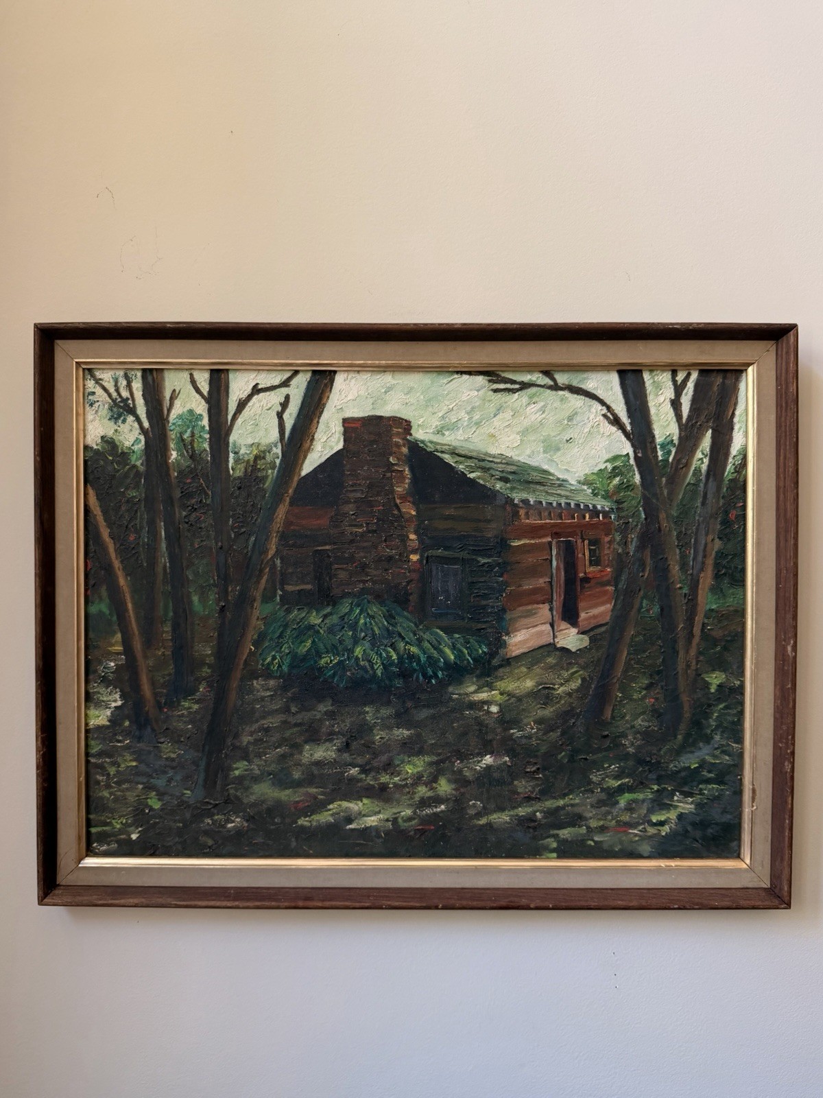 Vintage Impressionist Log Cabin Landscape Oil Painting Framed Wooded Scene 26×20