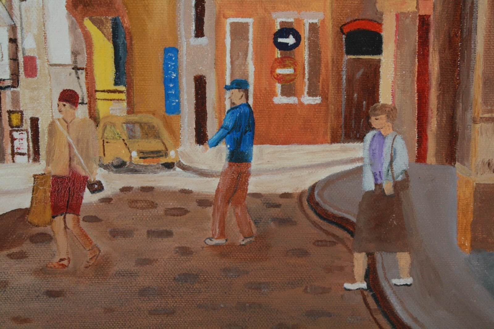 Vintage Cityscape Downtown Cobblestone Street Scene Oil Painting Unsigned Framed