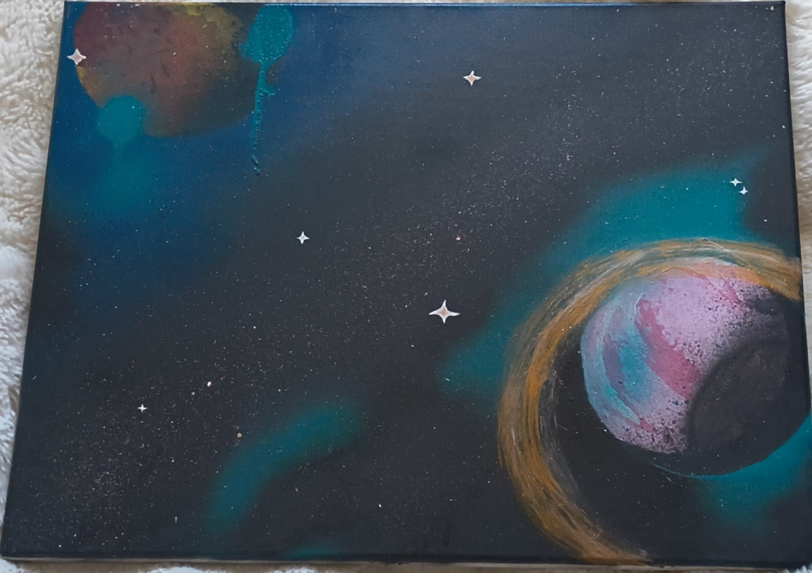 Outer space planets and stars spray paint on canvas abstract style