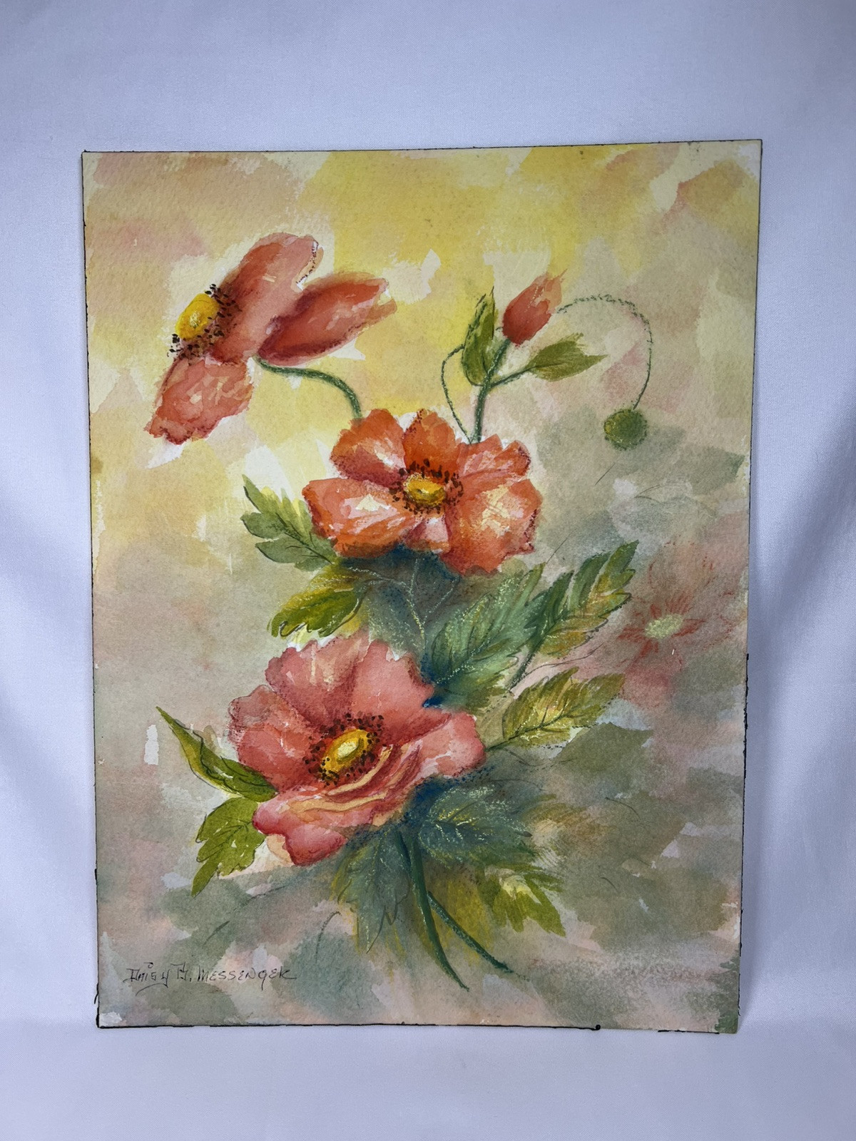 Vintage OOAK Original Watercolor Poppy Painting Signed Daisy Messenger 9×12”
