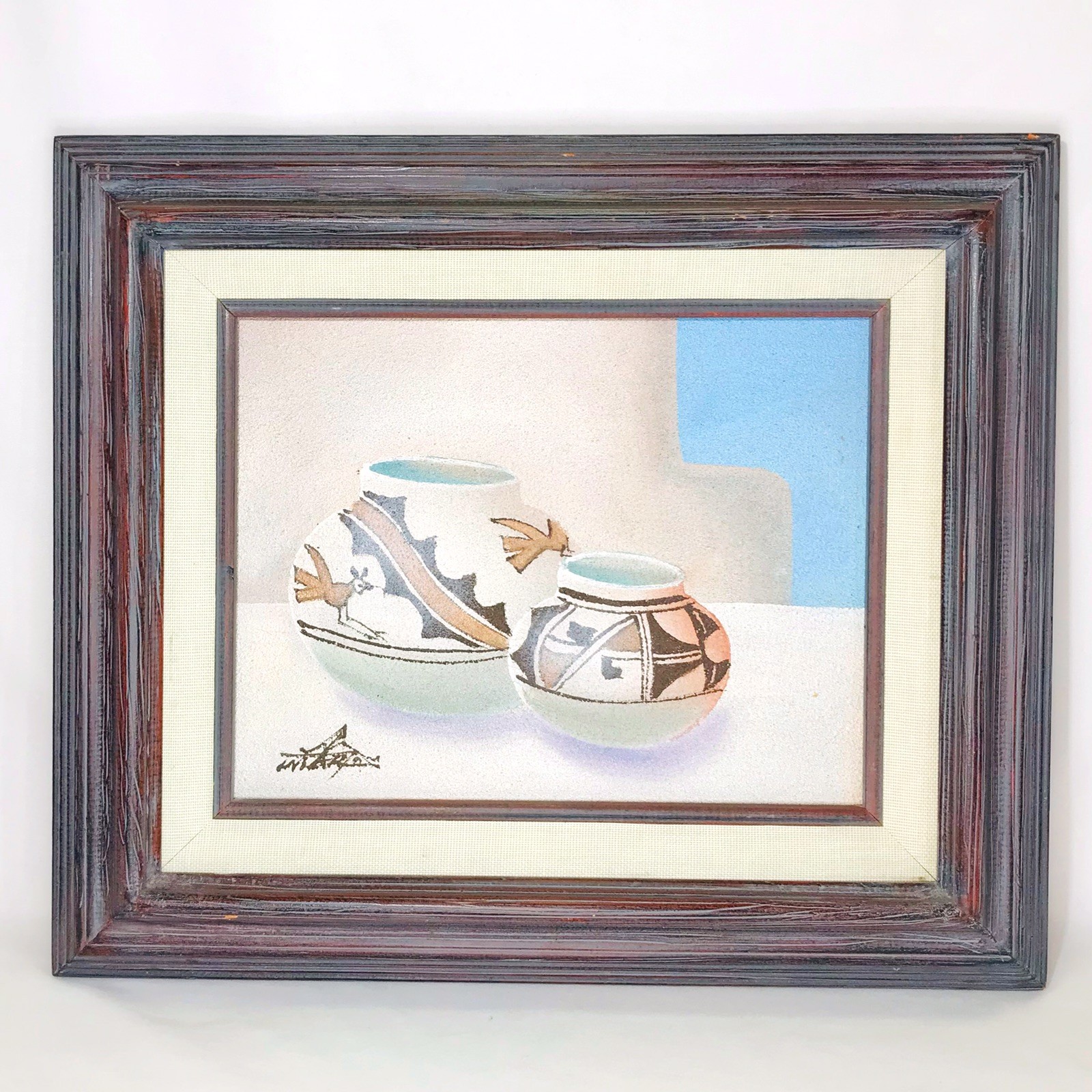Fine Southwest Oil w Sand Indian Pottery Painting Listed Artist Myung Mario Jung