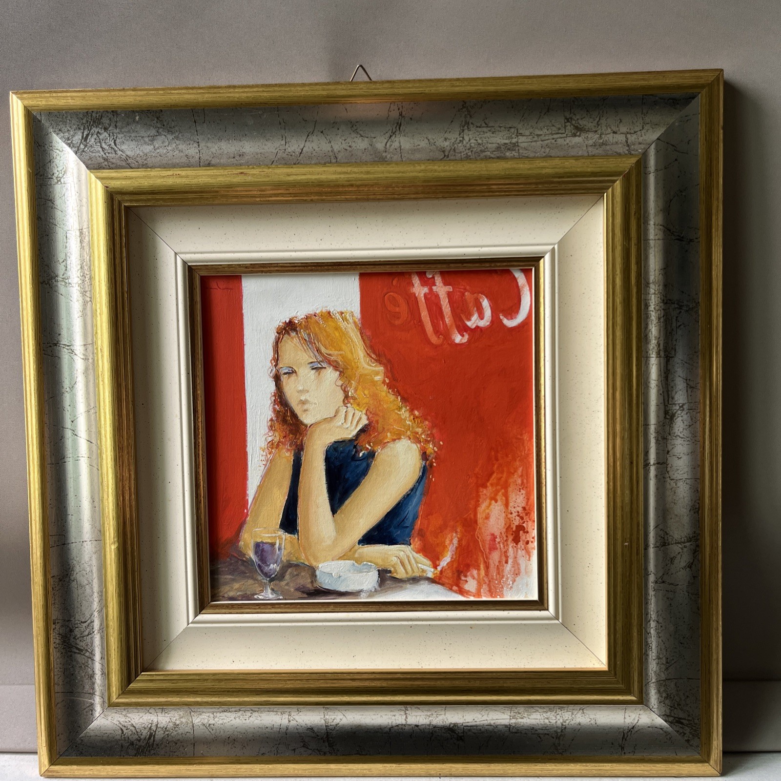 «Women in Cafe #3 » by Giuliano Trombini Oil on Canvas 16″x 16″ Framed