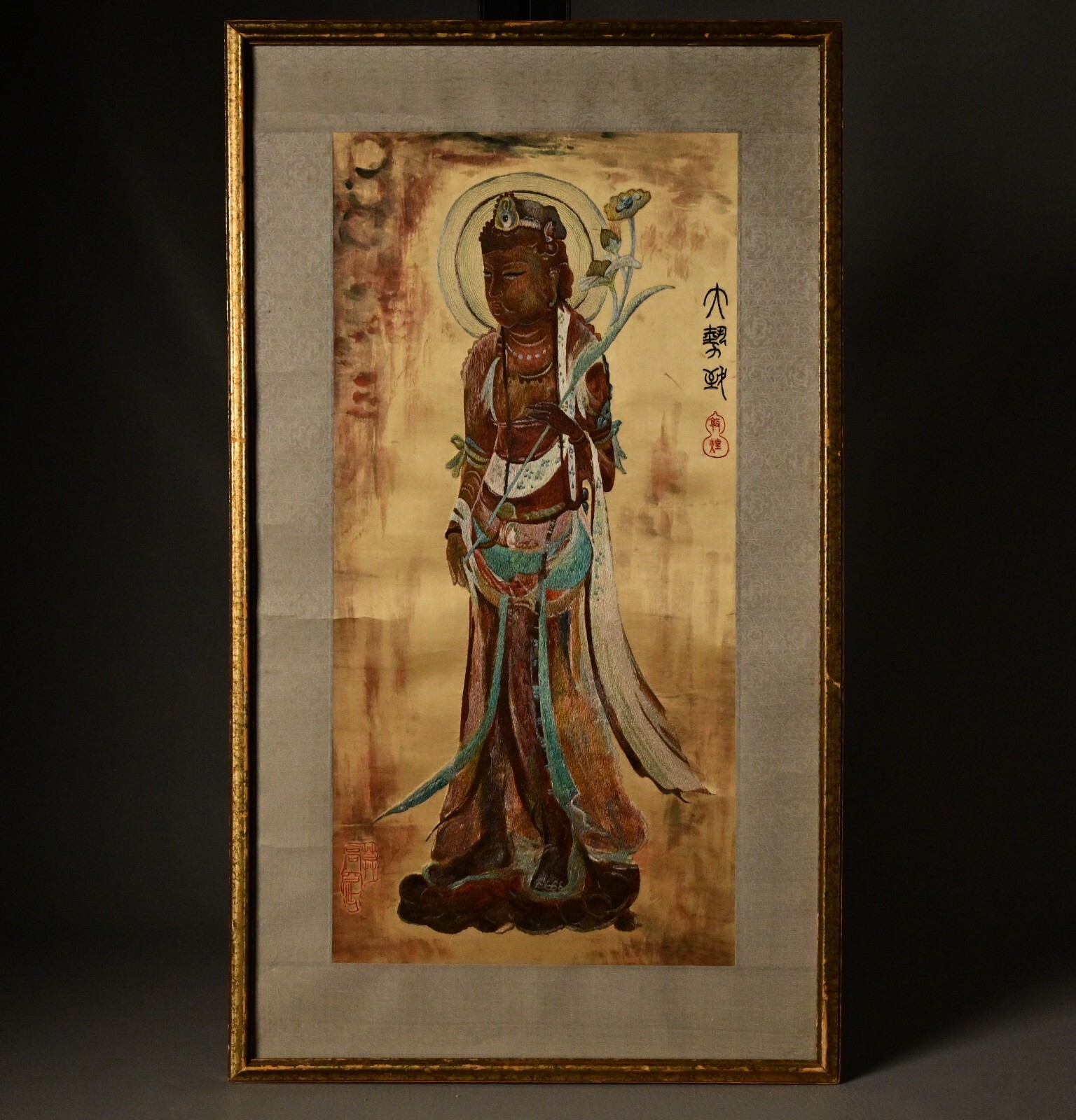 Chinese Antique Original Vintage Signed Asian Buddha Silk Scroll Brush Painting