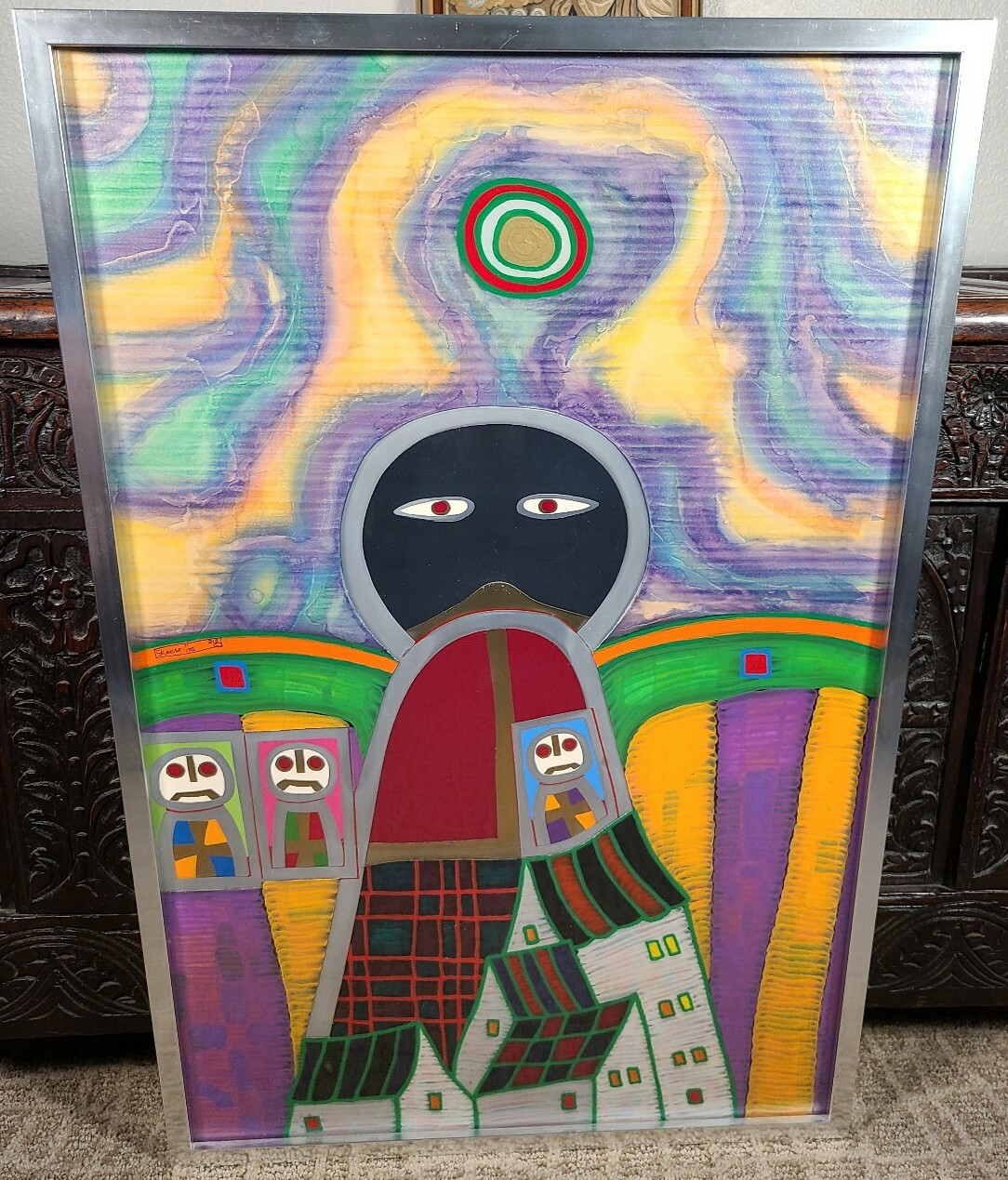 Butch Skynear Alien UFO Painting Vintage Outsider Folk Art Mid Century Modern