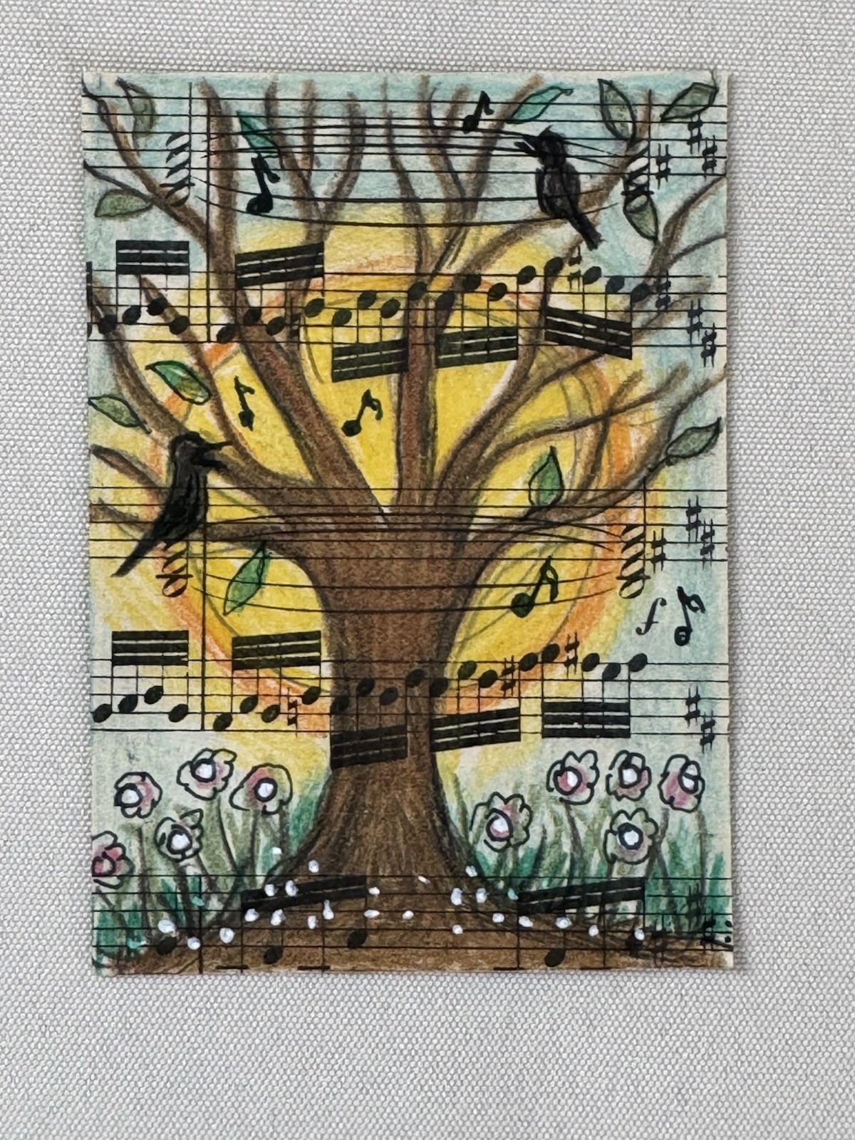 Aceo Original Art Trading Card, Tree With Birds, Piano Music, Art By Sommer Rayn