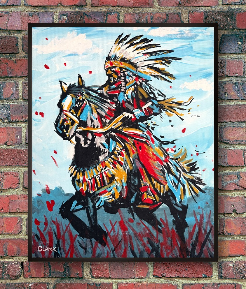 Colorful Native American Chief War Horse – 20×16″ Acrylic Painting on Canvas