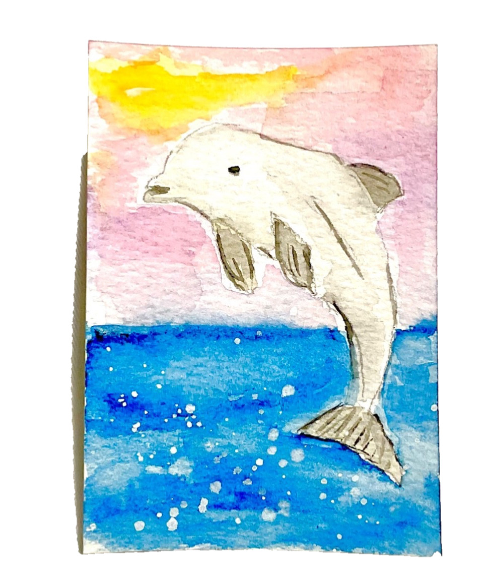 ACEO original dolphin seascape ocean ATC OOAK Cherie Donnell