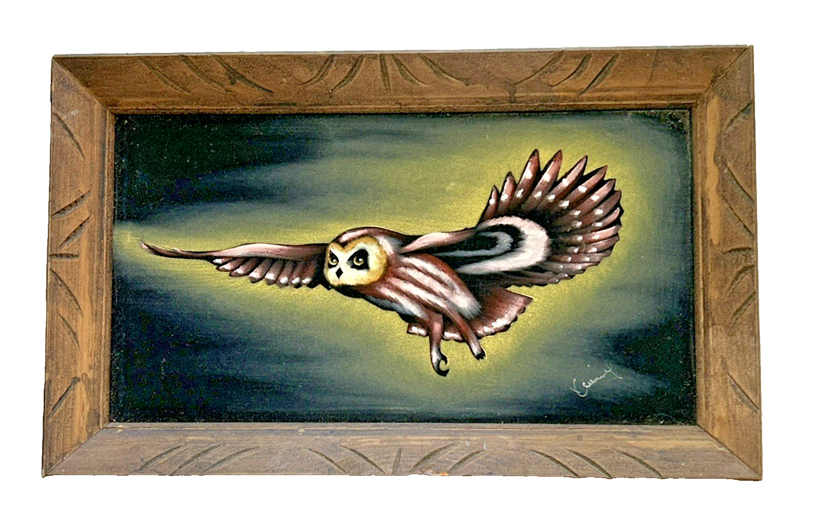 Vintage Barn Owl Black Velvet Felt Painting Wood Frame MCM Mexico