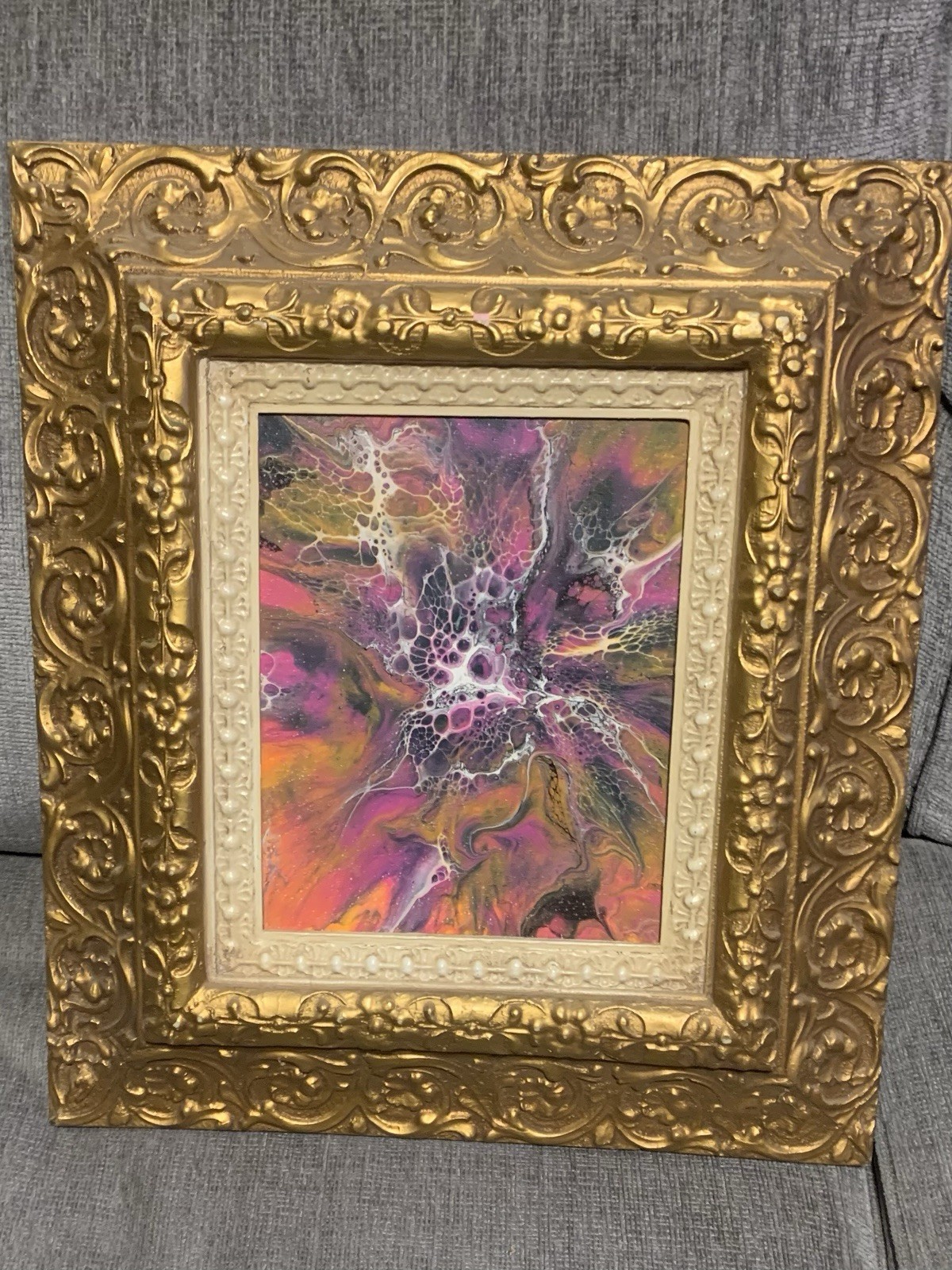 Vintage Gilded Framed Acrylic Poured on Canvas, Pink Purple White Black