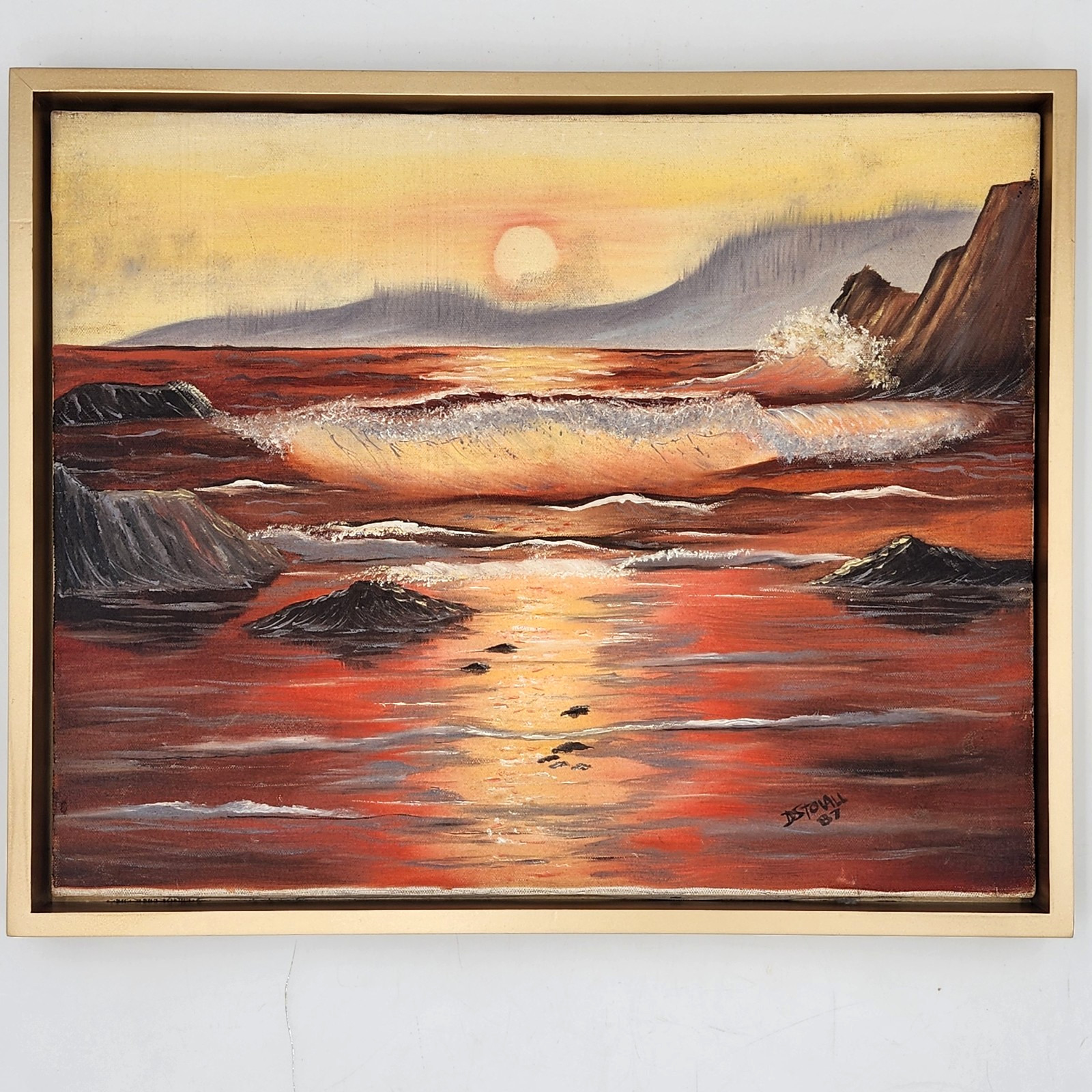 Original Seascape Oil Painting Signed 1989 Sunset Ocean Waves Framed Coastal Art