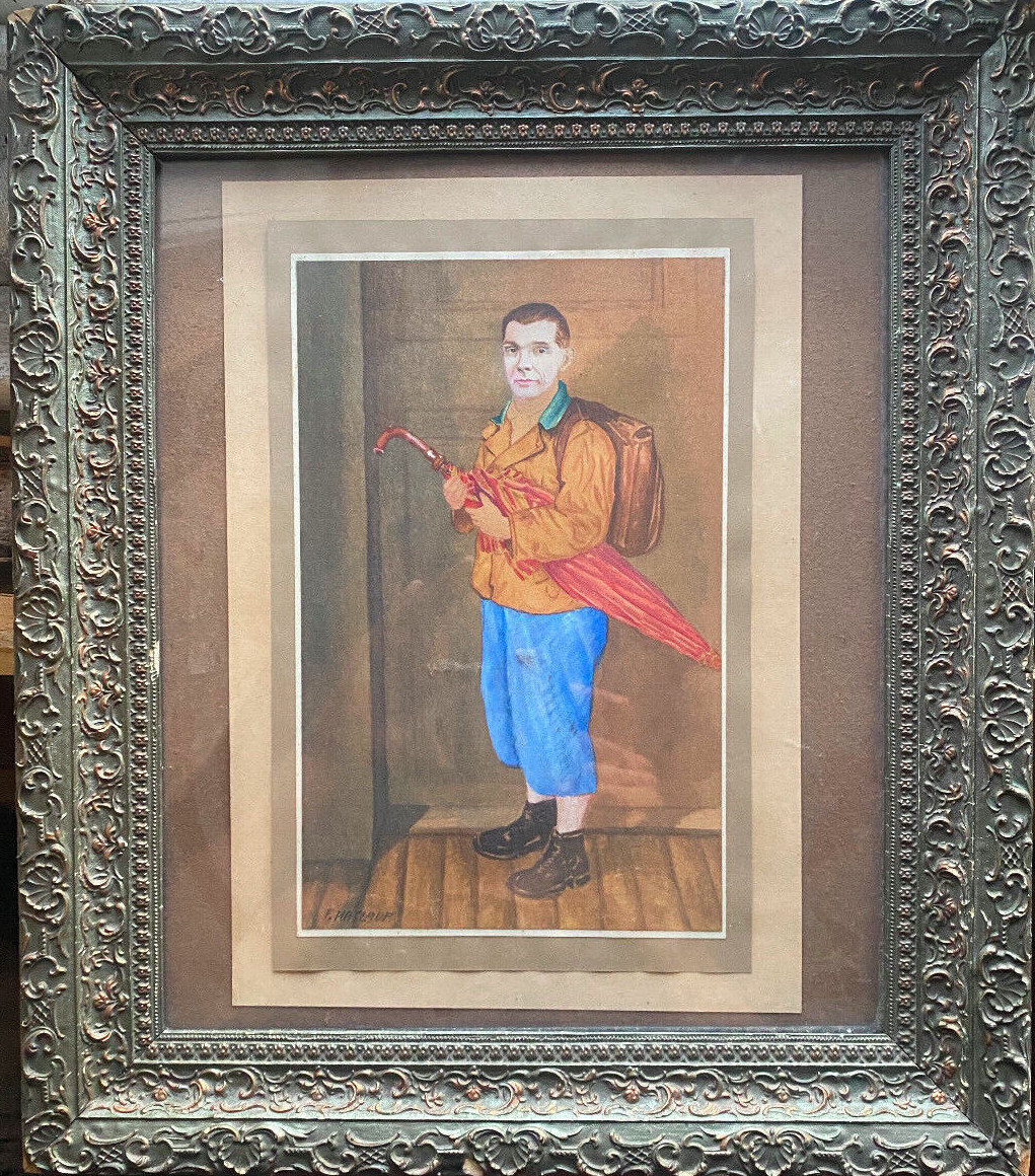 Aquarell Sign. W. F. Hatlauf Man With Red Umbrella And Backpack